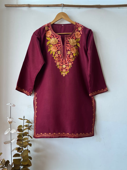 Maroon Cotton Aari Work Kurti