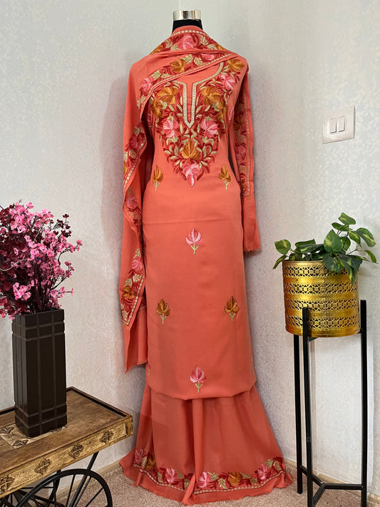 Carrot Pink Pure Wool Aari Embroidered 3pc Suit Stole