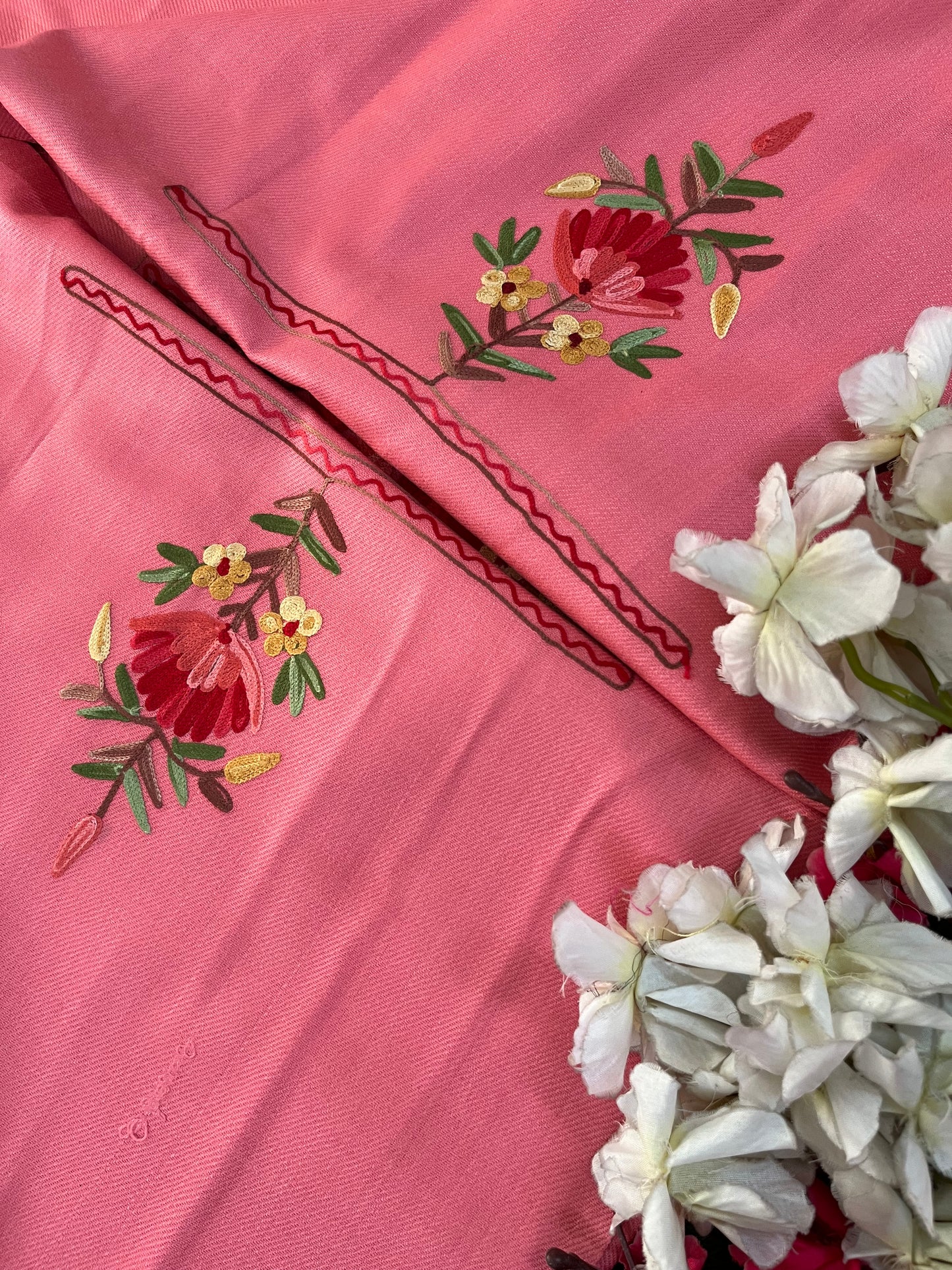 Pink Woollen Aari Embroidered 2pc suit 5mtr