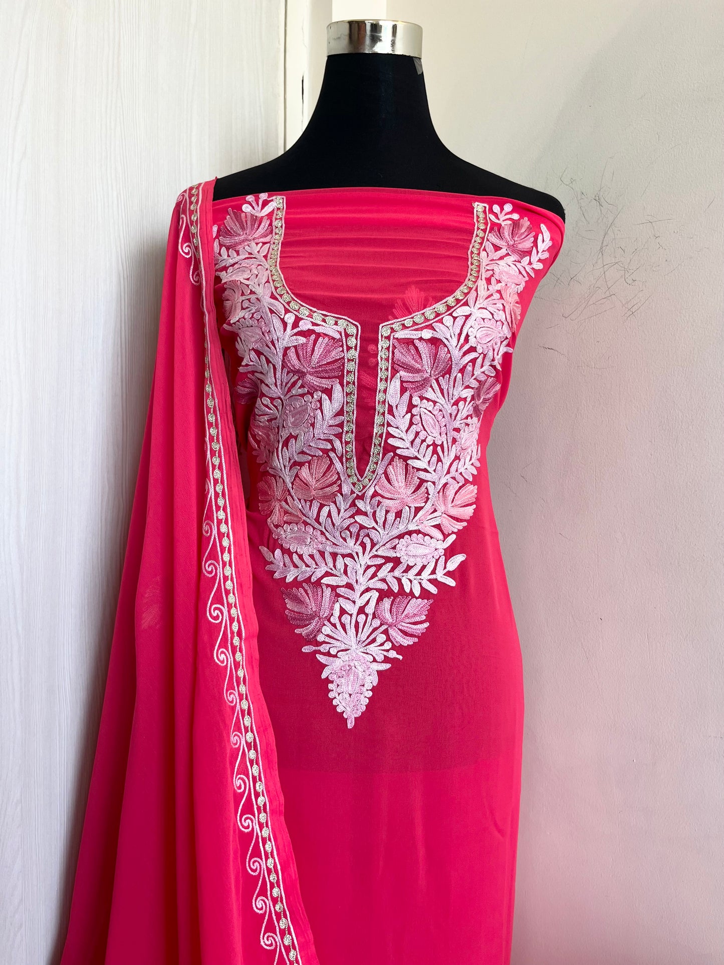 Pink Georgette Shirt and Dupatta Aari Embroidered Suit