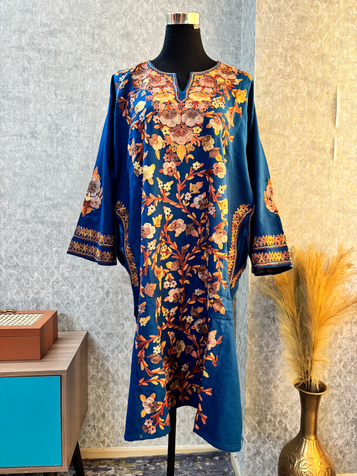 Peacock Blue Aari Embroidered Wool Pheran