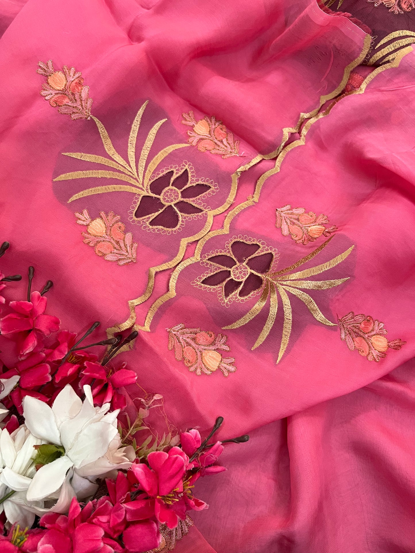 Pink Pure Organza Cut Work Kashmiri Suit
