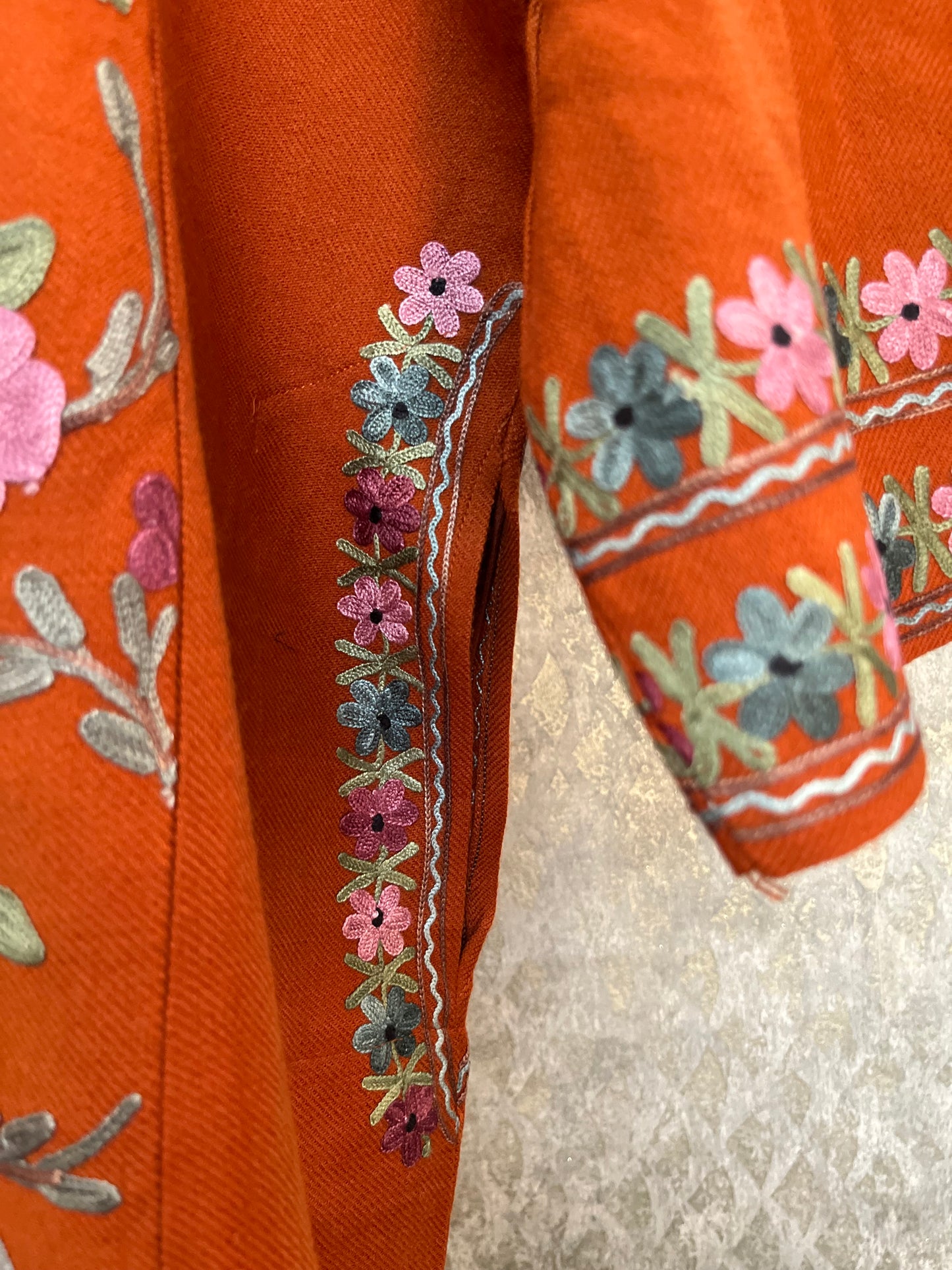 Orange Aari Embroidered Wool Pheran