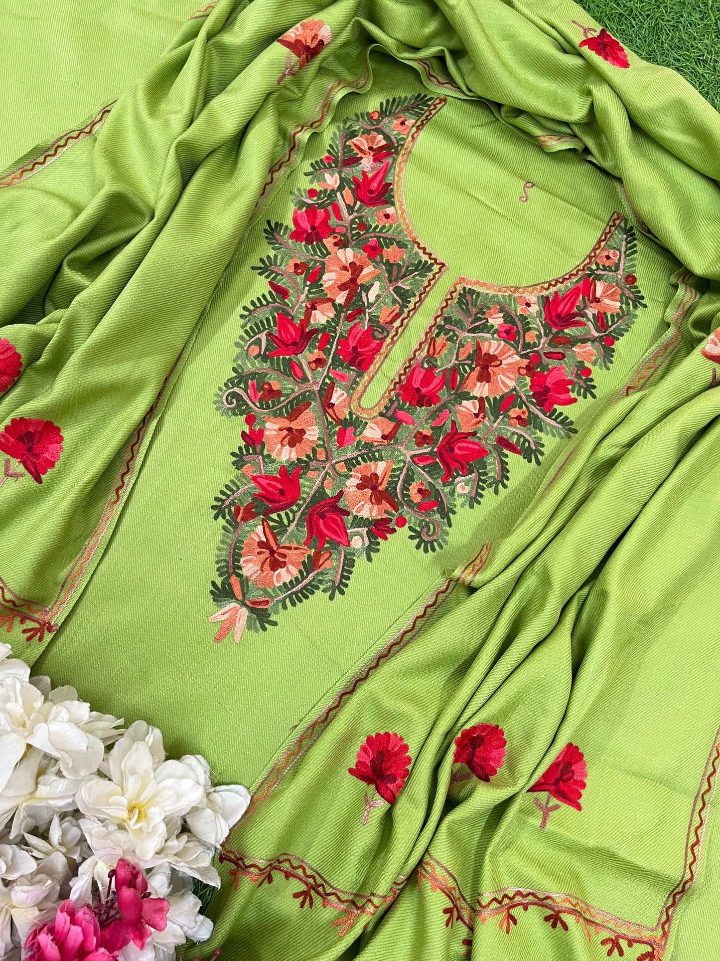 Pista Green Woollen Aari Embroidered 3pc suit