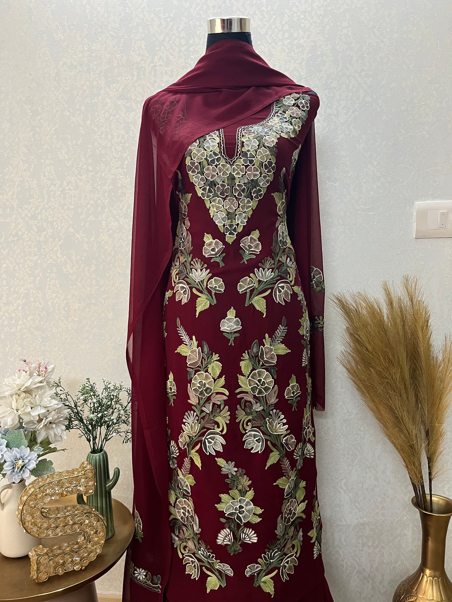 Maroon Georgette 3 Pc Kashmiri Suit