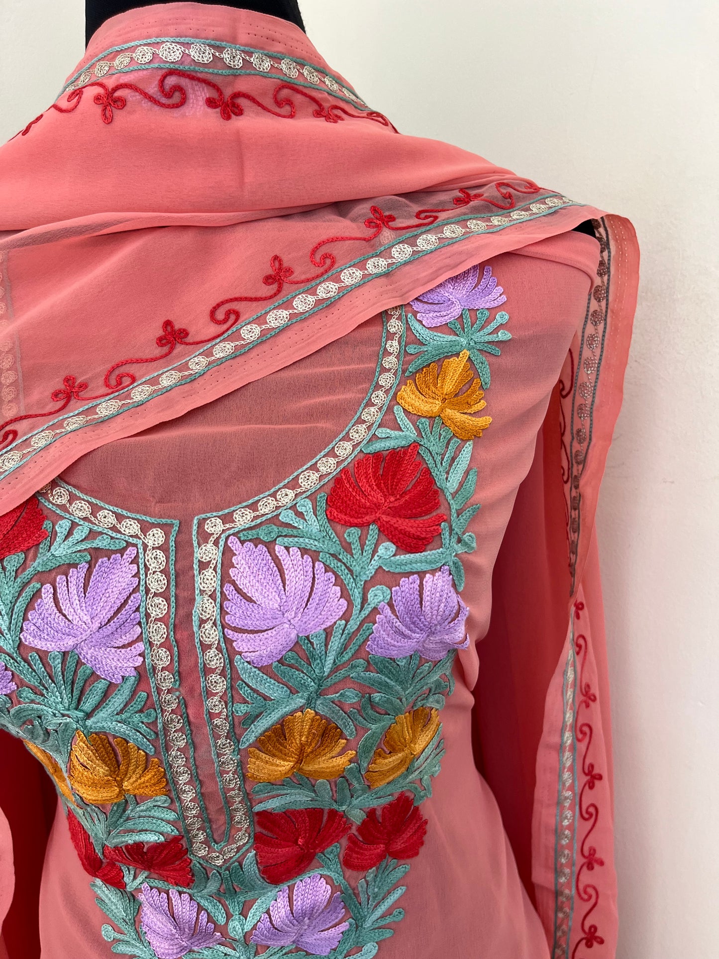 Pink Georgette 3 Pc Aari Embroidered Suit Set