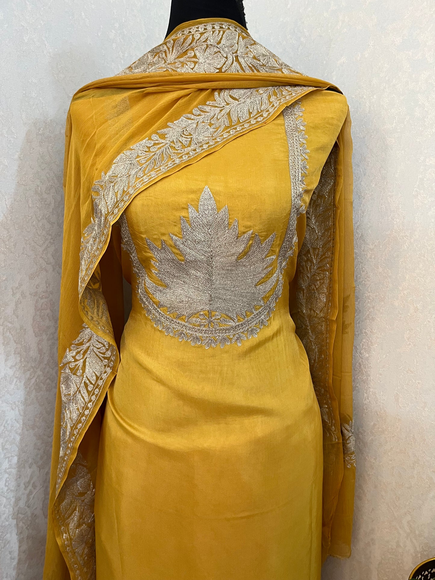 Golden Yellow Sanam’ Tilla Kashmiri Silk Suit
