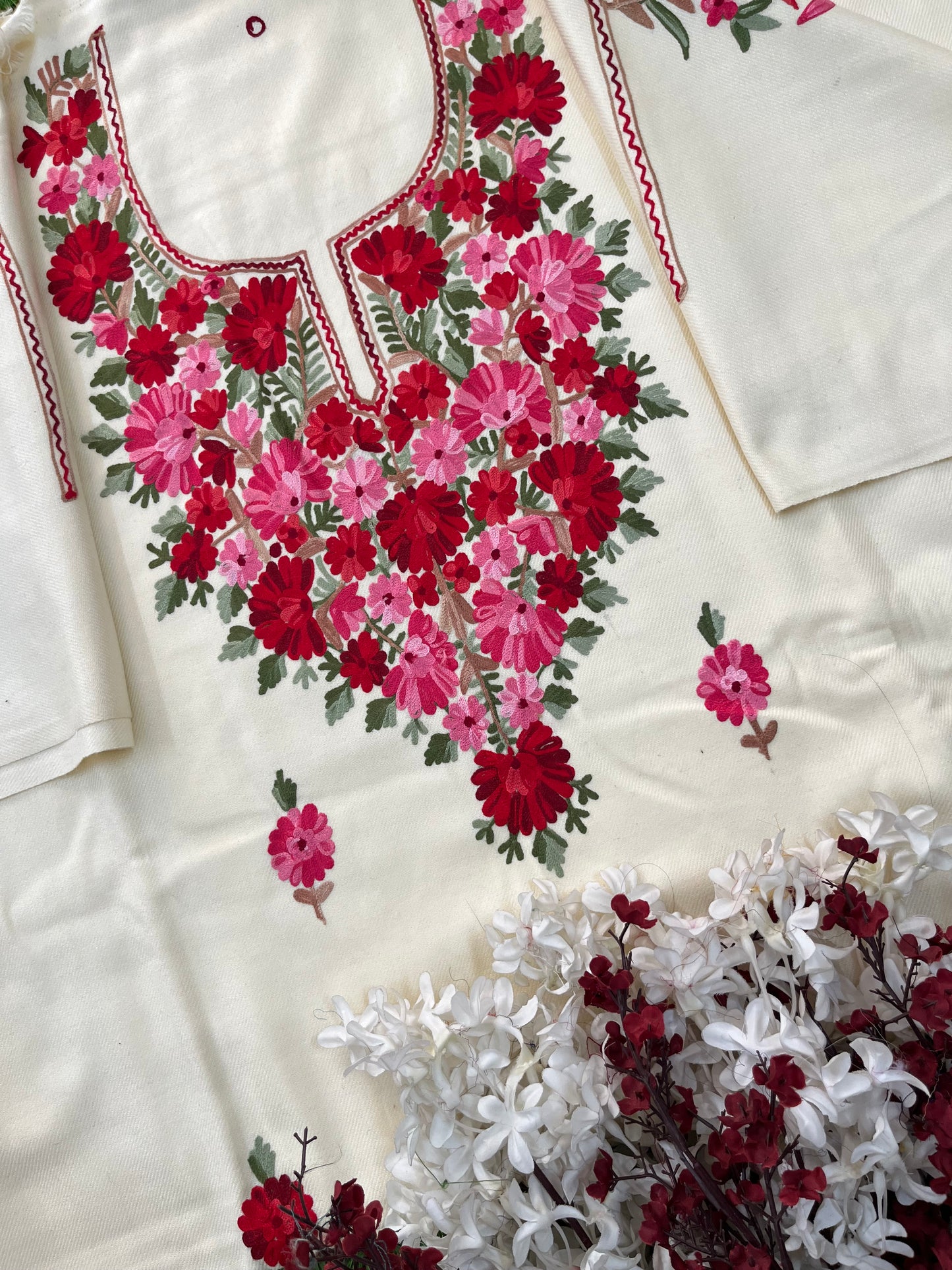 Cream Woollen Aari Embroidered 3pc suit