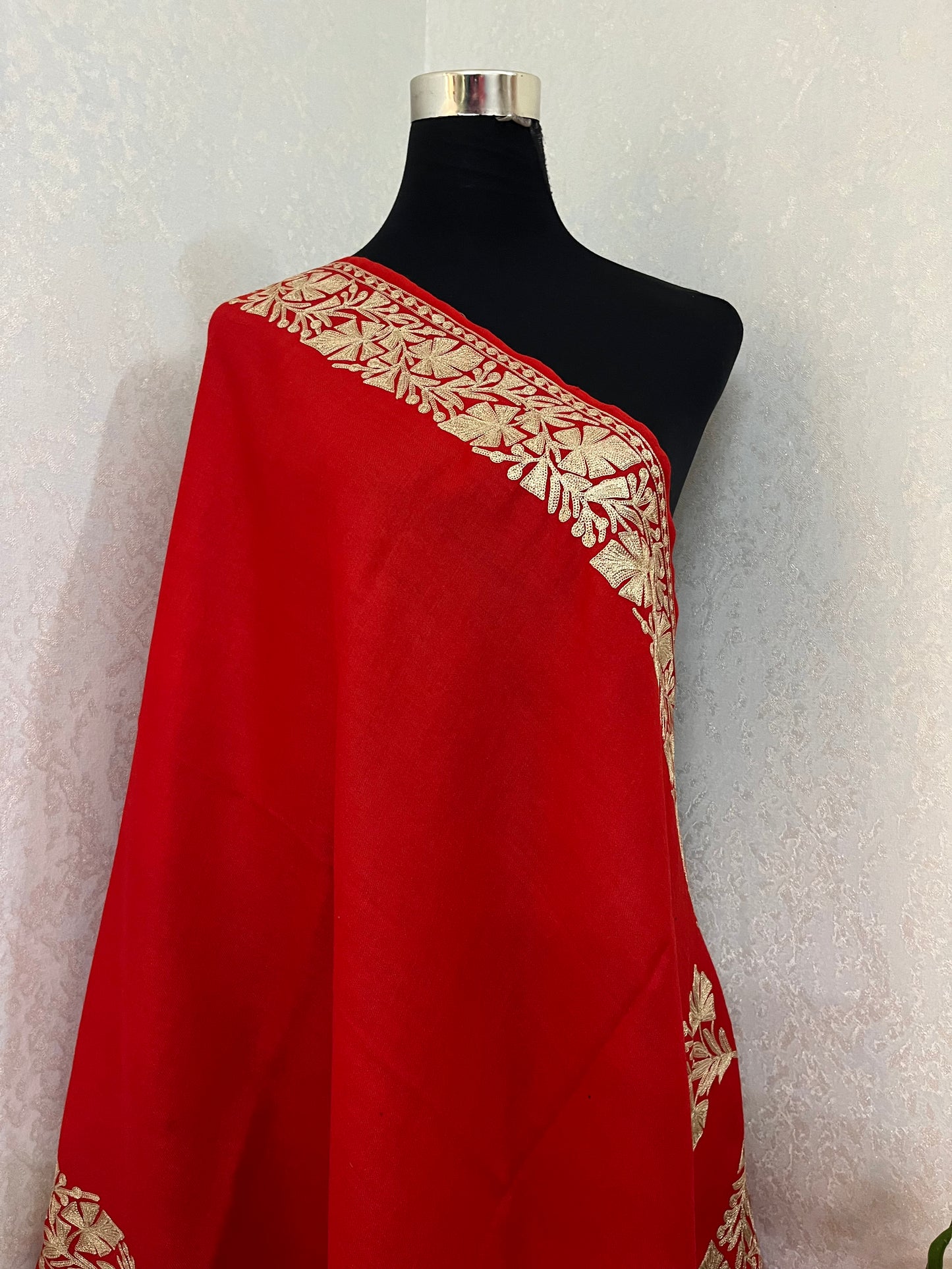 Red Semi Pashmina Tilla Embroidered stole