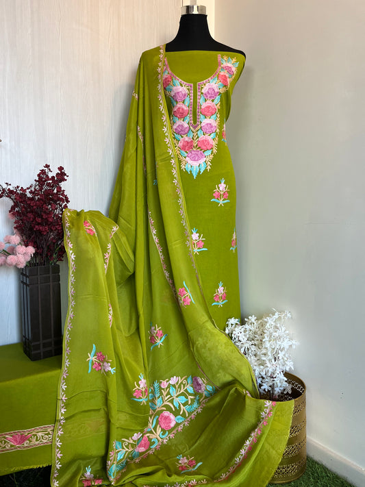 Pear Green Linen Cotton suit material with Pure Chinon Dupatta