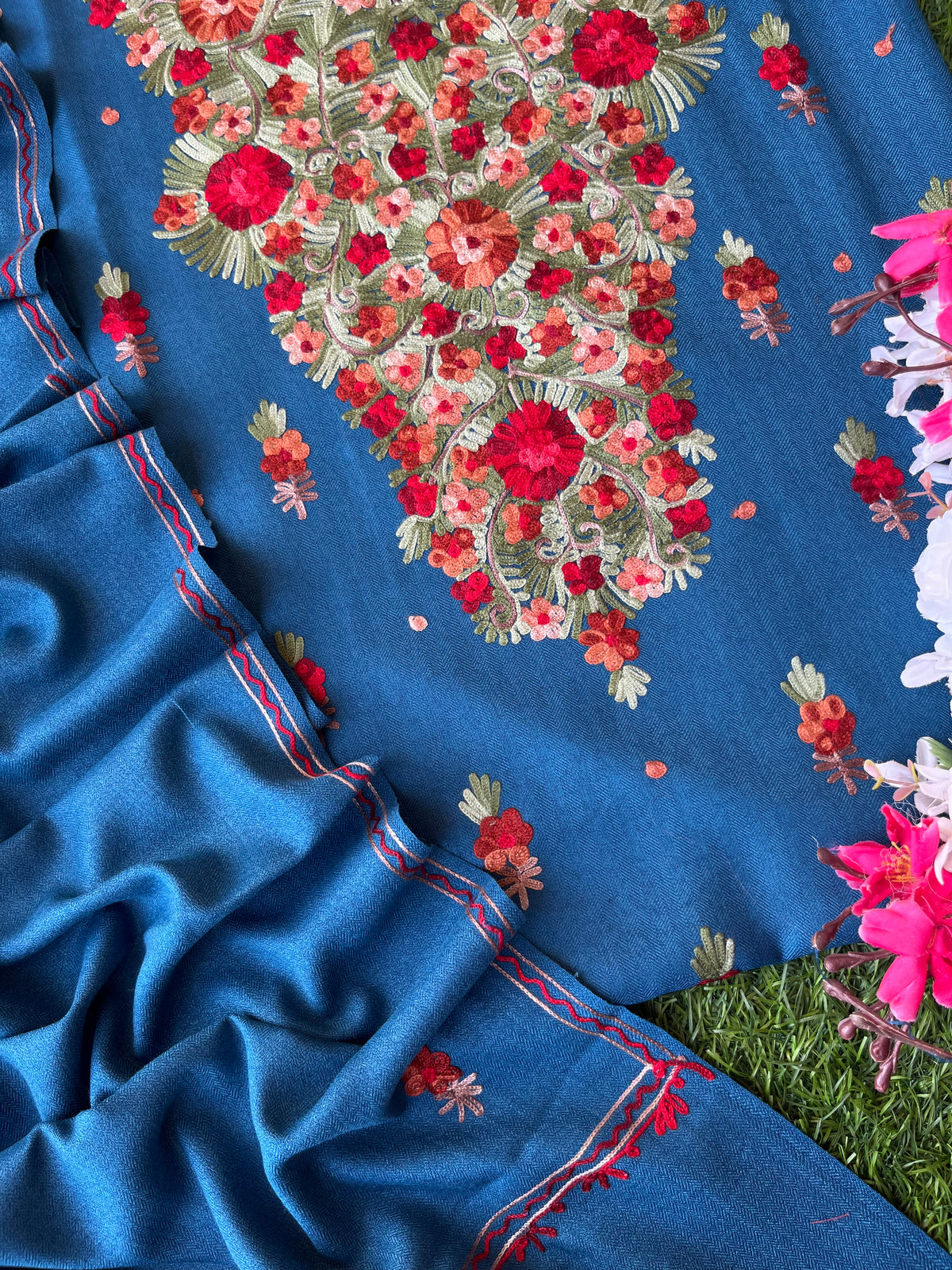 Peacock Blue Woollen Aari Embroidered 3pc suit