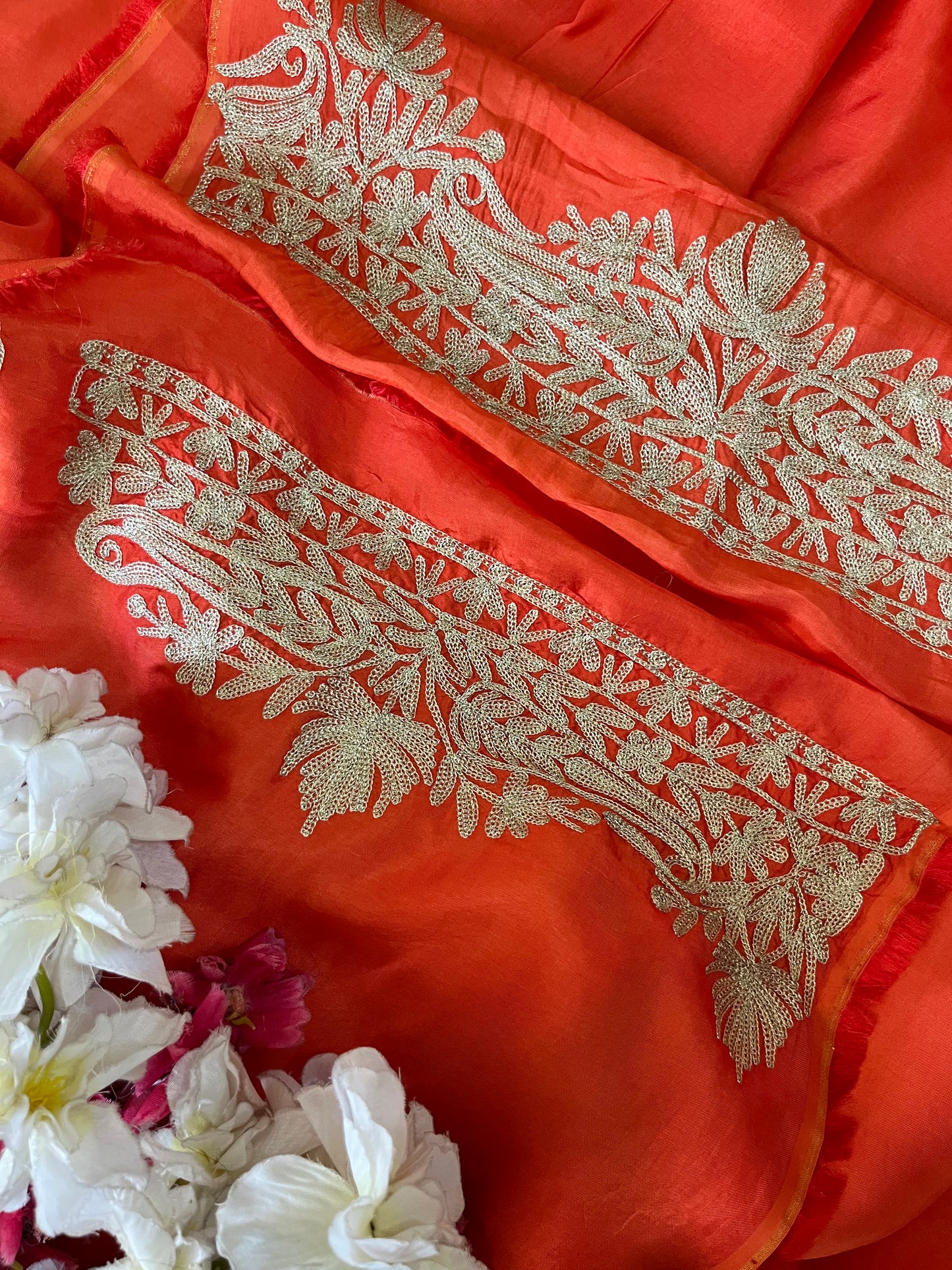 Sanam Orange Silk Kashmiri Suit