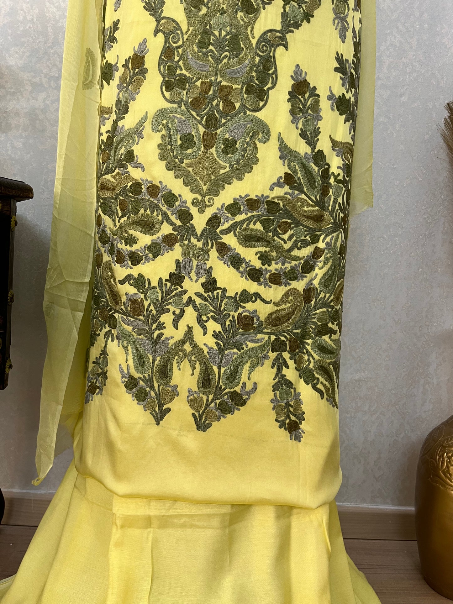 Yellow Satin Cotton Kashmiri Suit
