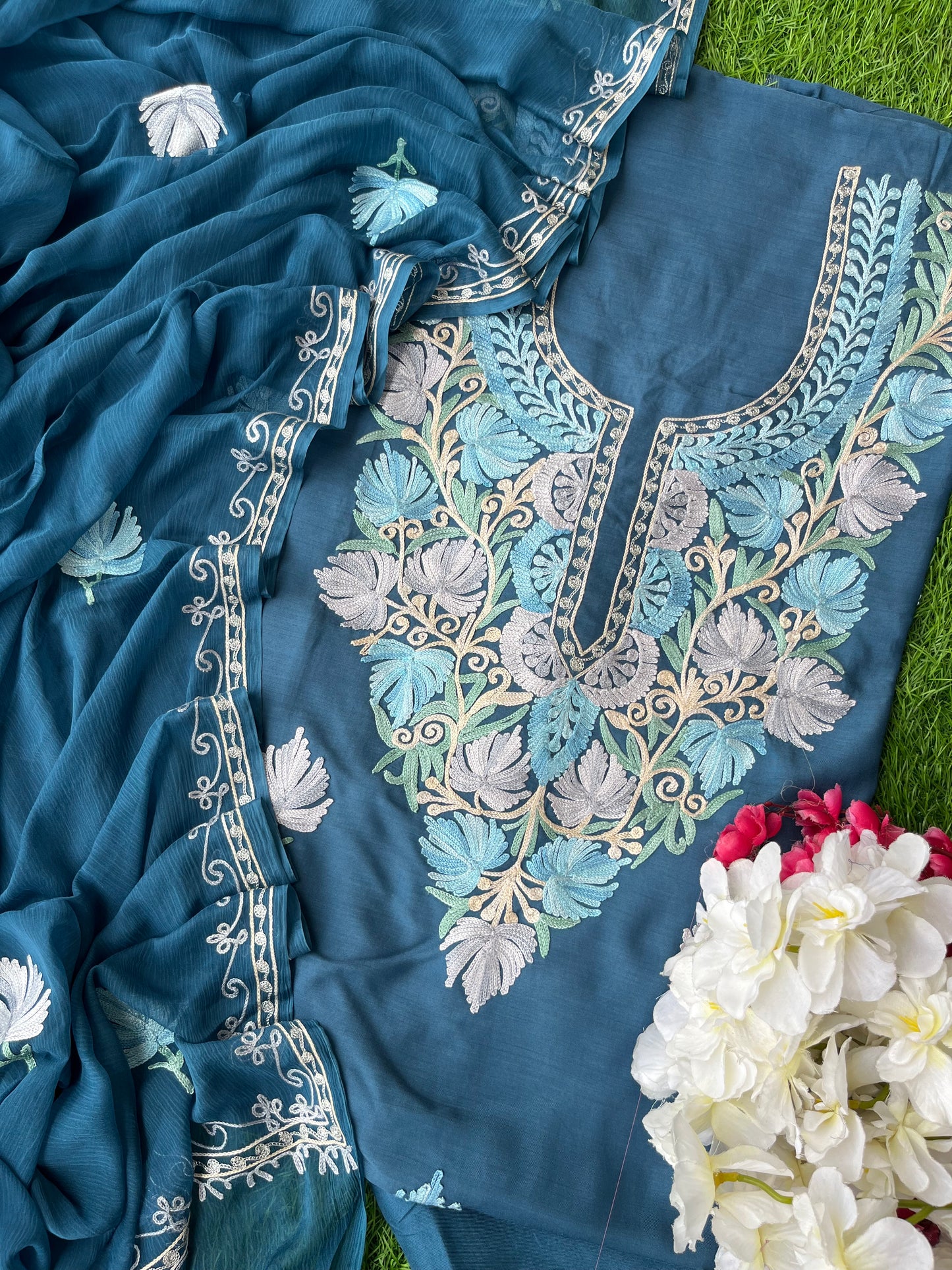 Teal Blue Cotton Aari Embroidered 3pc set