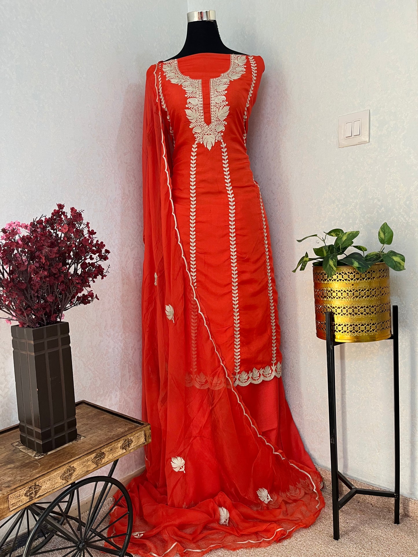 Orange Sanam’ Silk Tilla Kashmiri Suit