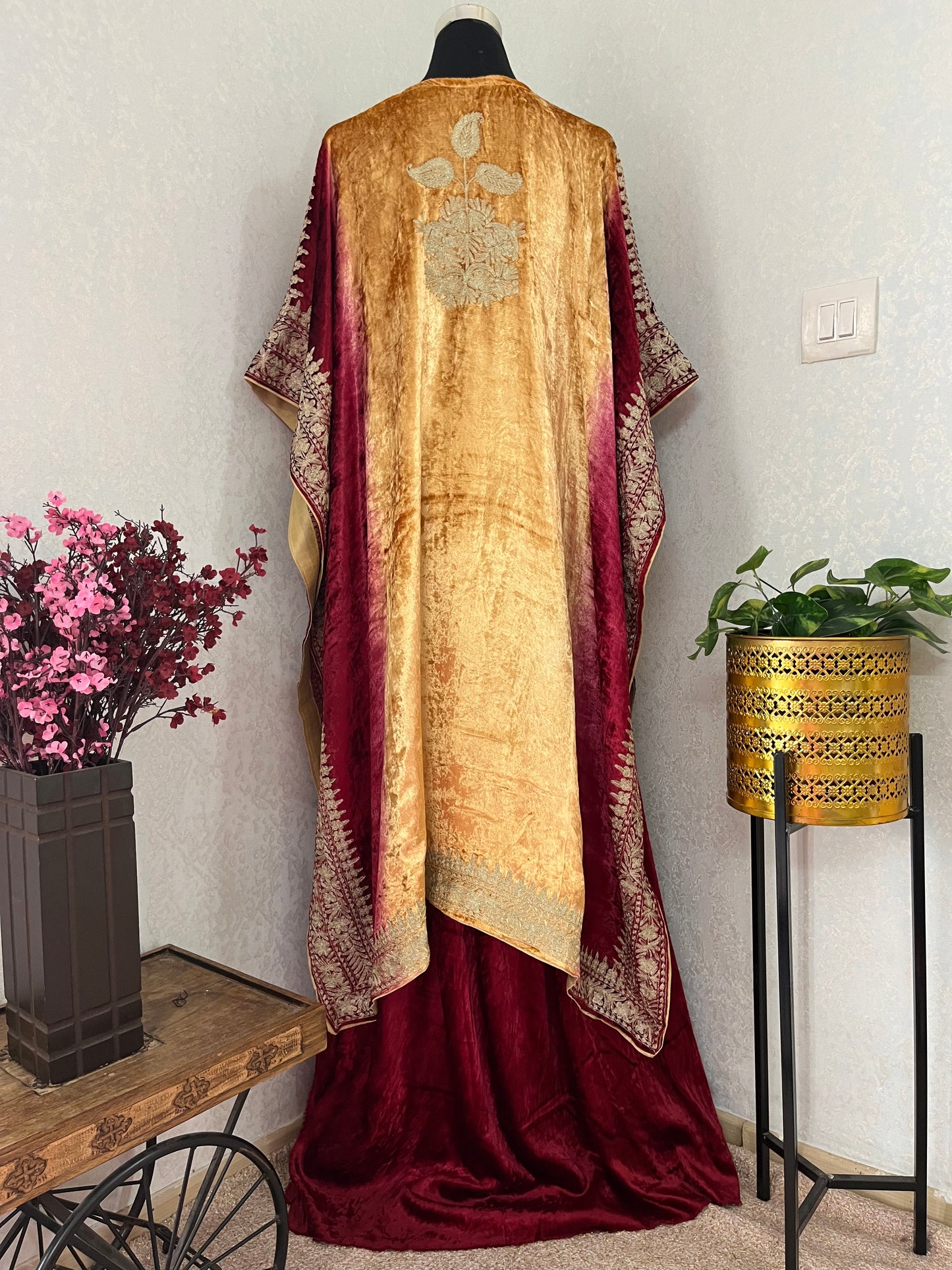 Gold Tilla Embroidered Pure Makhmal Kashmiri Kaftan Set