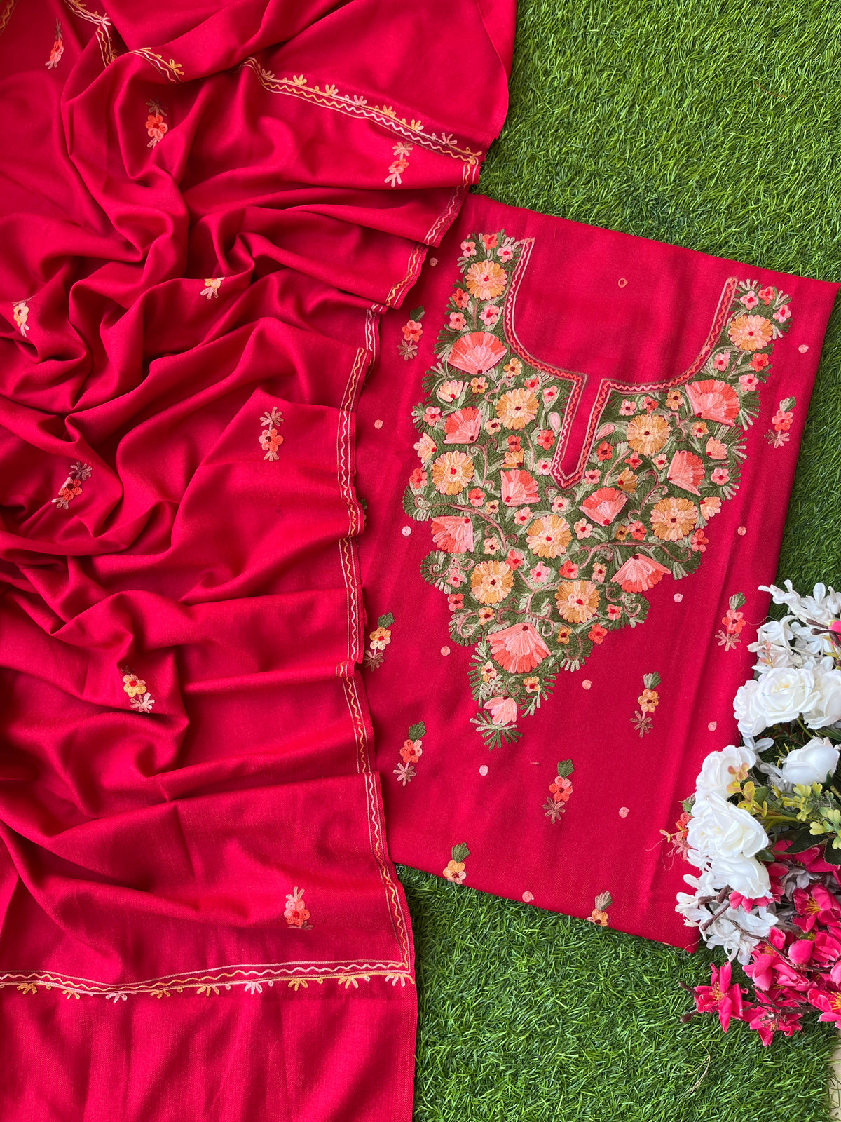 Red Woollen Aari Embroidered 3pc suit