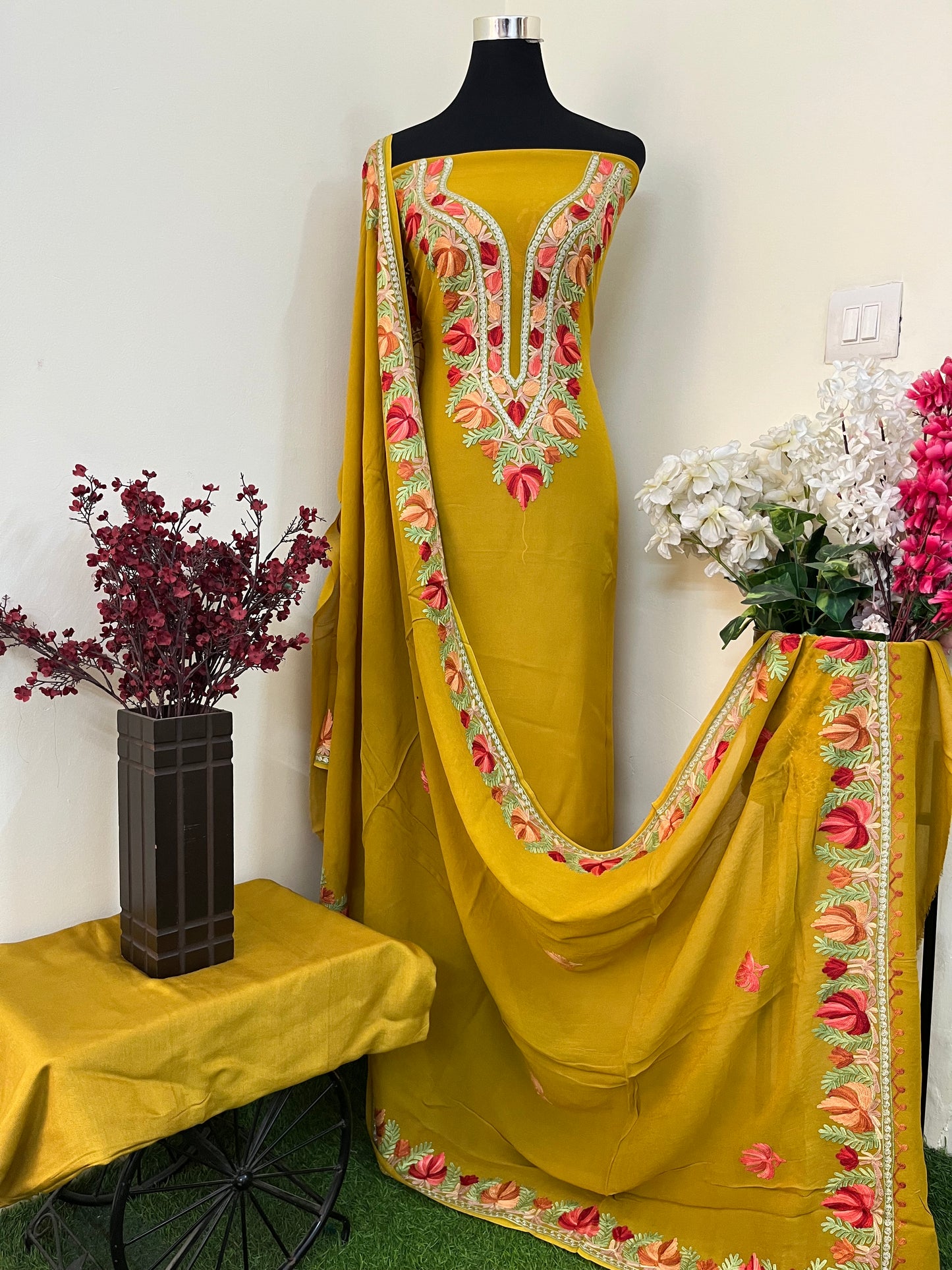 Mustard Yellow Pure Georgette Kashmiri Suit