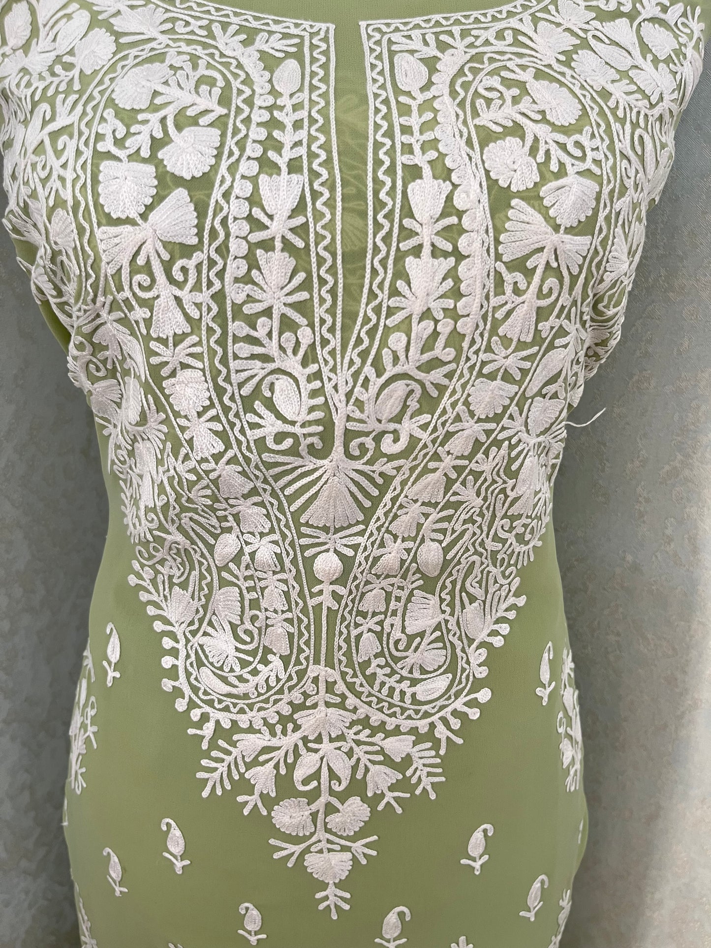 Pista Green Georgette Kashmiri Unstitched Kurta Material