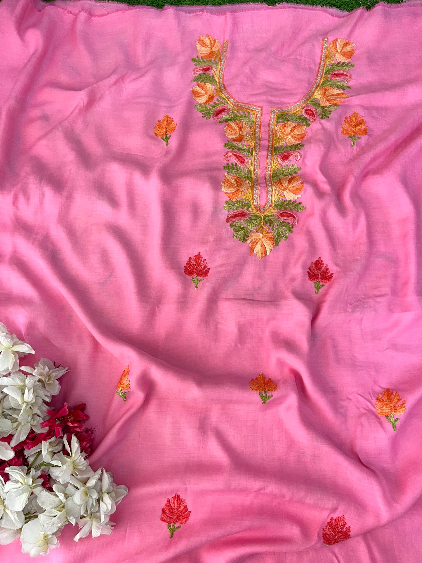 Soft Pink Muslin Cotton Jaal Sleeves Kashmiri 3pc Suit