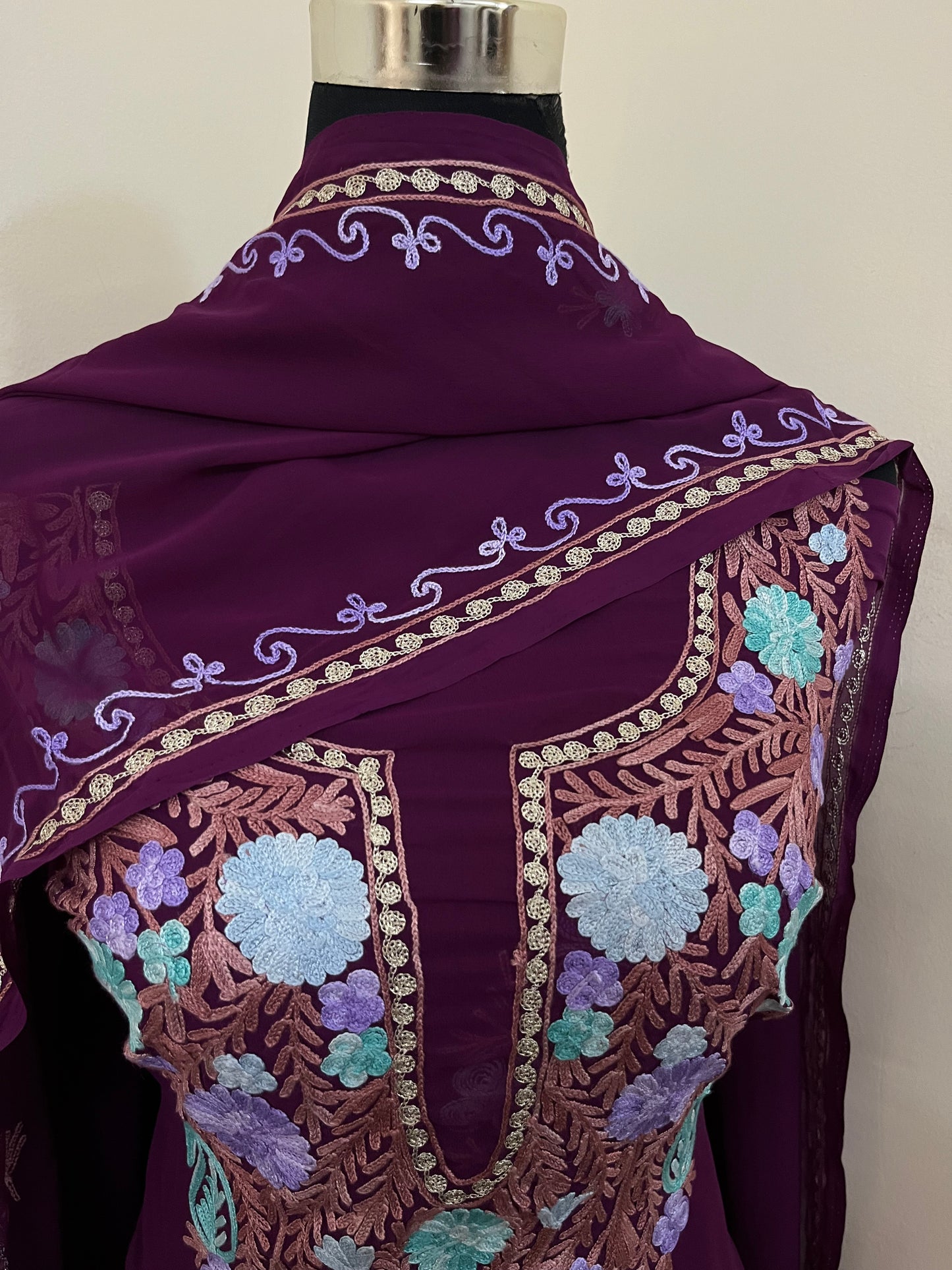 Wine Georgette 3 Pc Aari Embroidered Suit Set