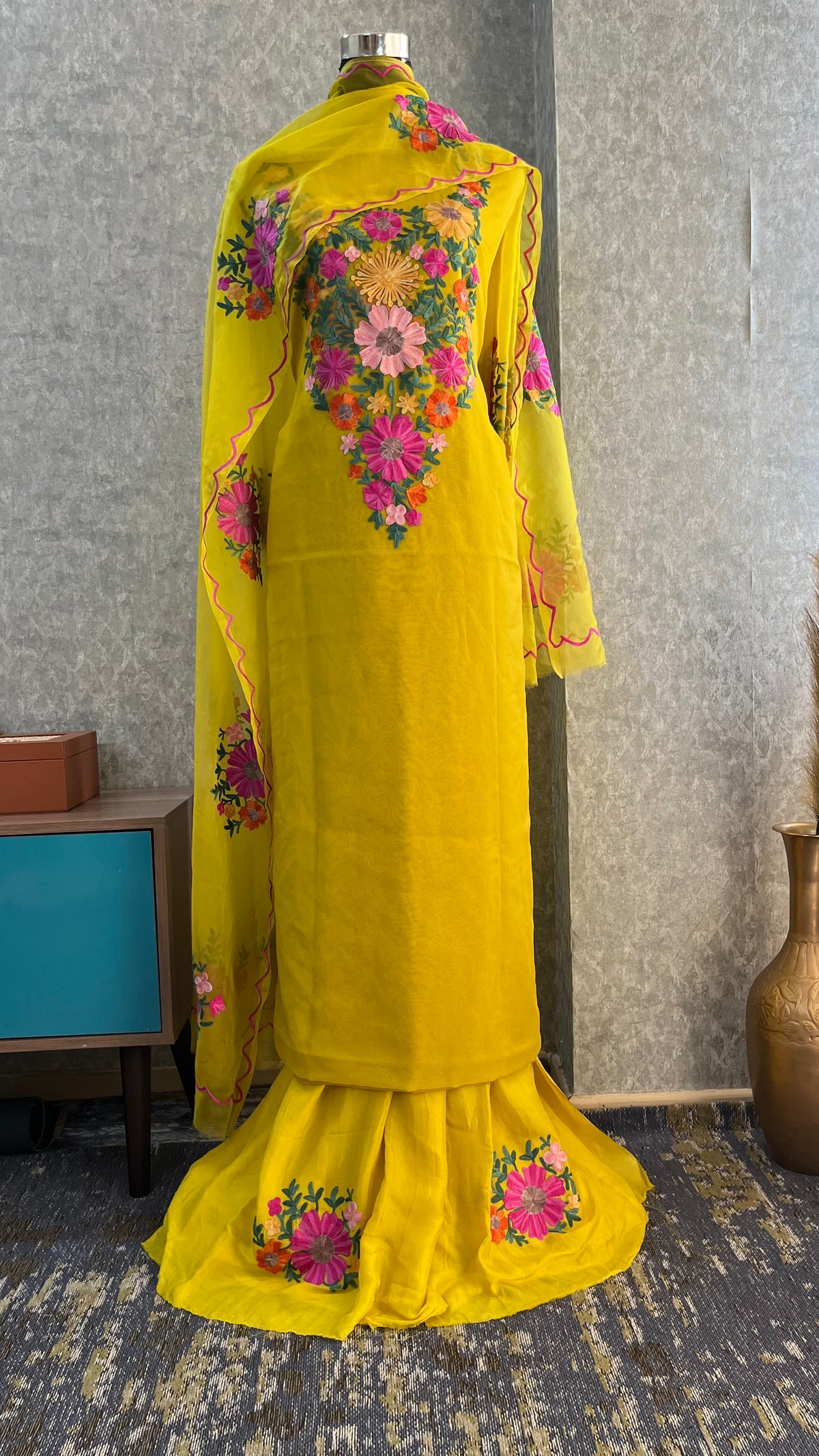 Yellow Soft Tissue Kashmiri Suit (On Order)