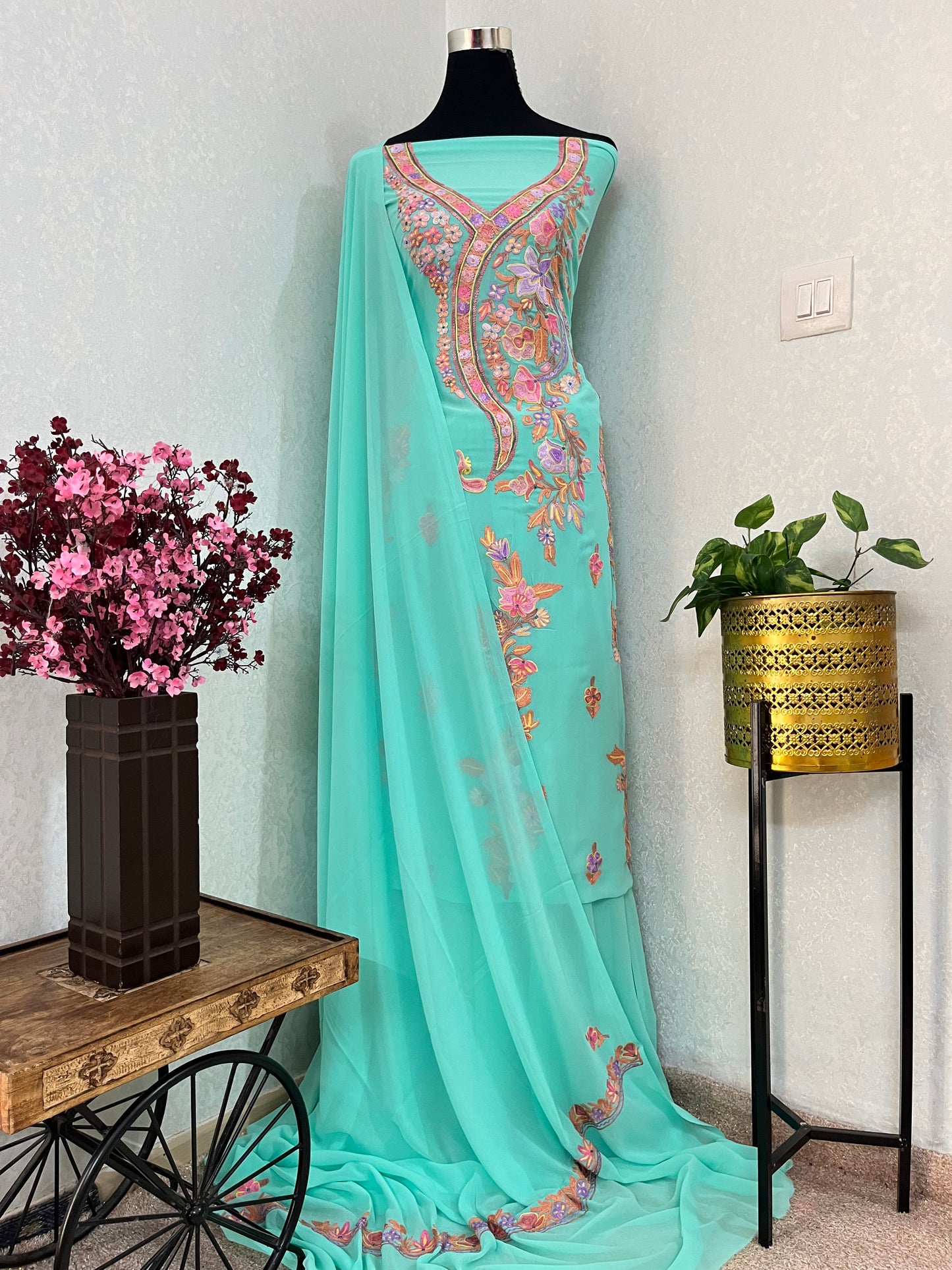 Sky Green Georgette 3 Pc Aari Embroidered Suit