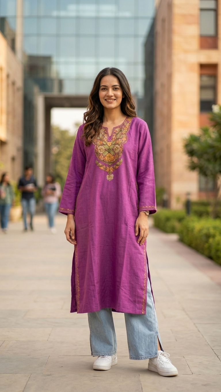 Mauve Aari Embroidered Wool Pheran