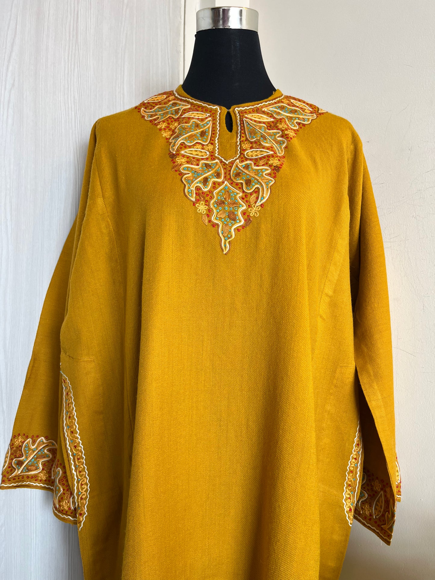 Yellow Aari and Sozni Hand Embroidered Pure Wool Pheran