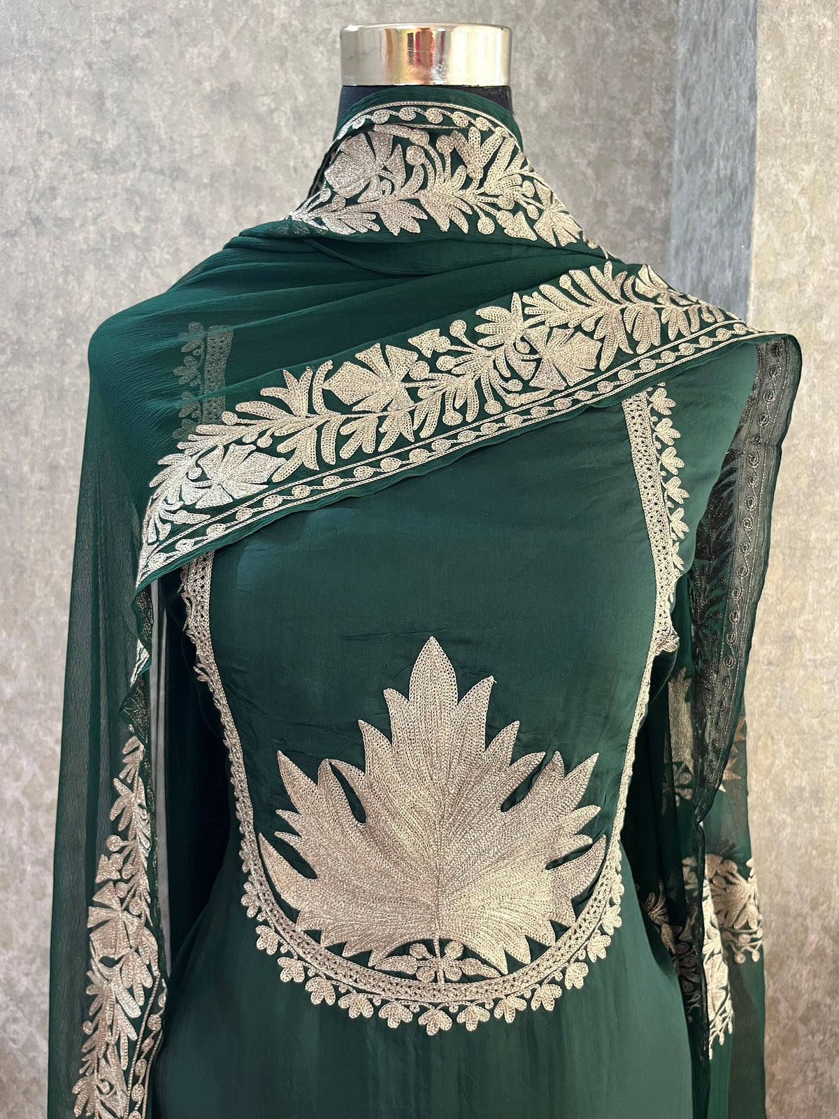 Bottle Green Sanam’ Tilla Kashmiri Silk Suit