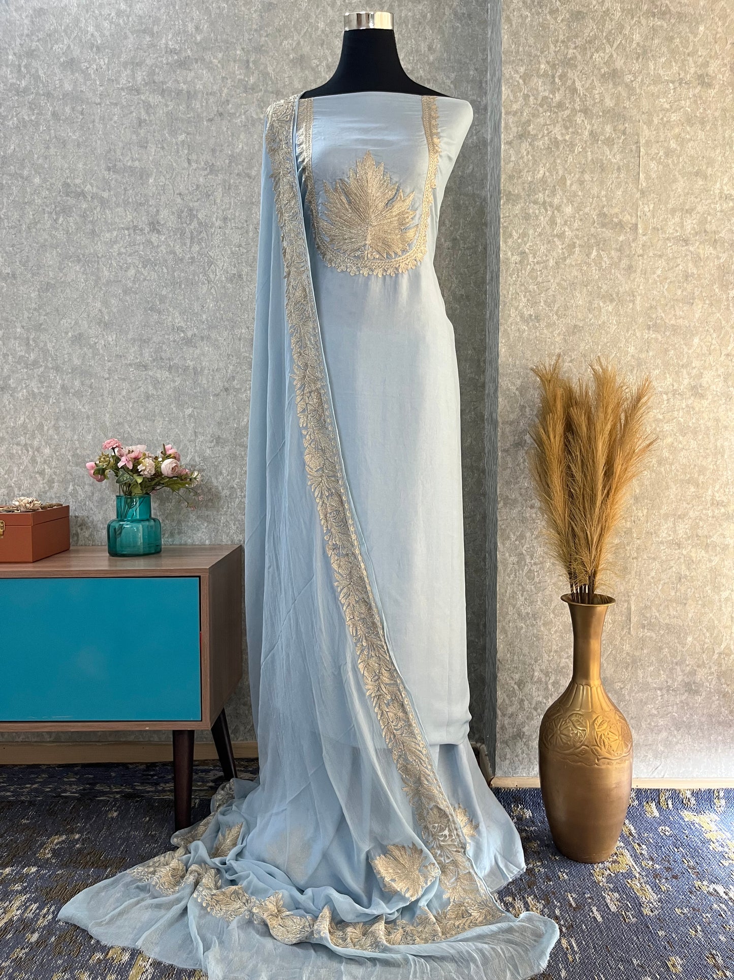Ice Blue Sanam’ Tilla Kashmiri Silk Suit