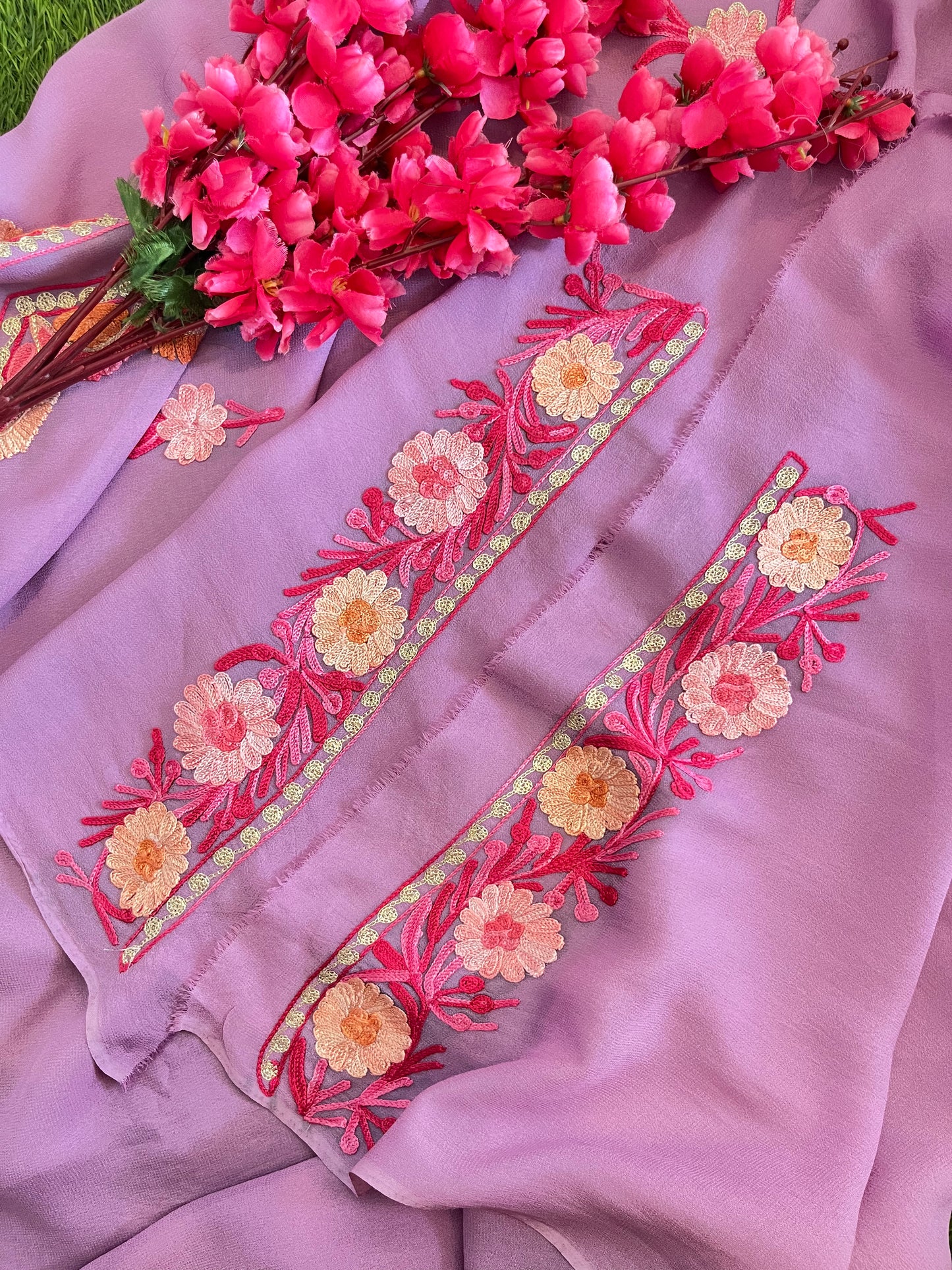 Panther Pink Pure Georgette Aari Embroidered Suito