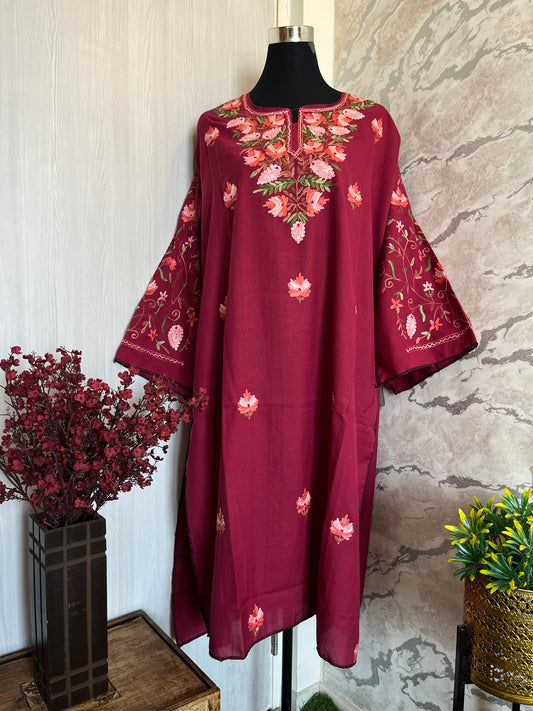 ‘Bageecha’ Maroon Cotton Semi Stitched Cream Aari Work Kurti