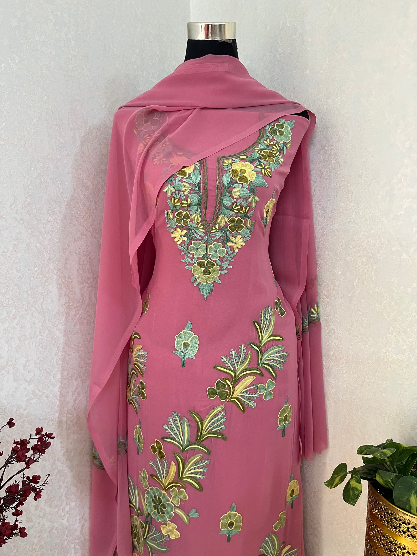 Onion Pink Georgette 3 Pc Aari Embroidered Suit