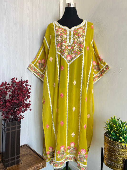 Yellow Georgette All over Work Aari Embroidered Unstitched Kurta Material