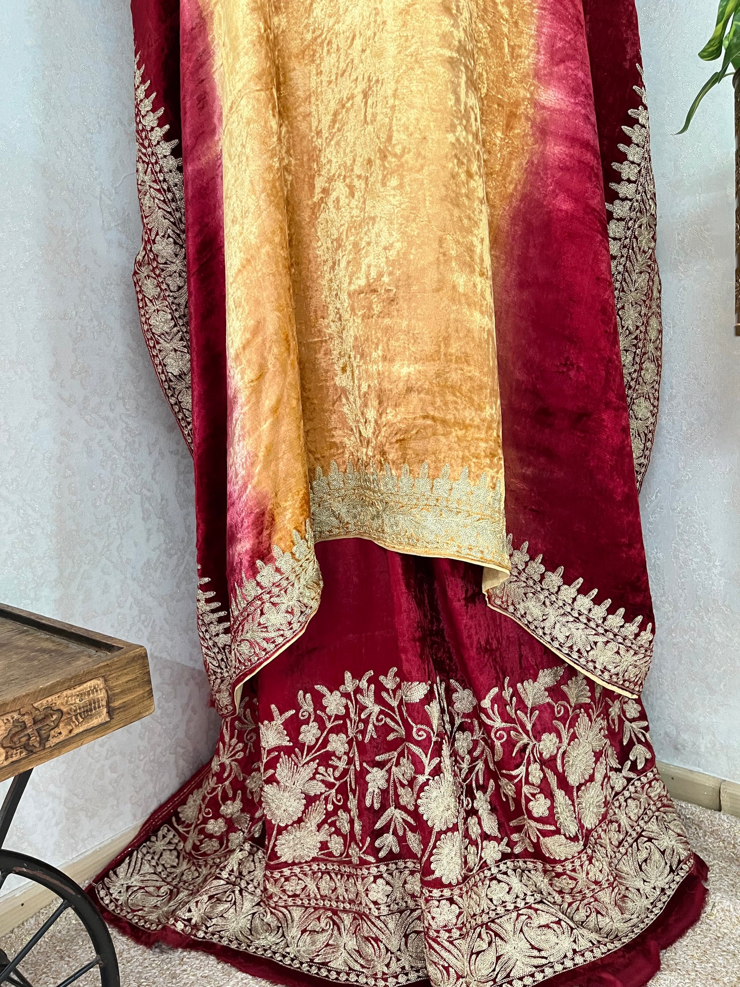 Gold Tilla Embroidered Pure Makhmal Kashmiri Kaftan Set