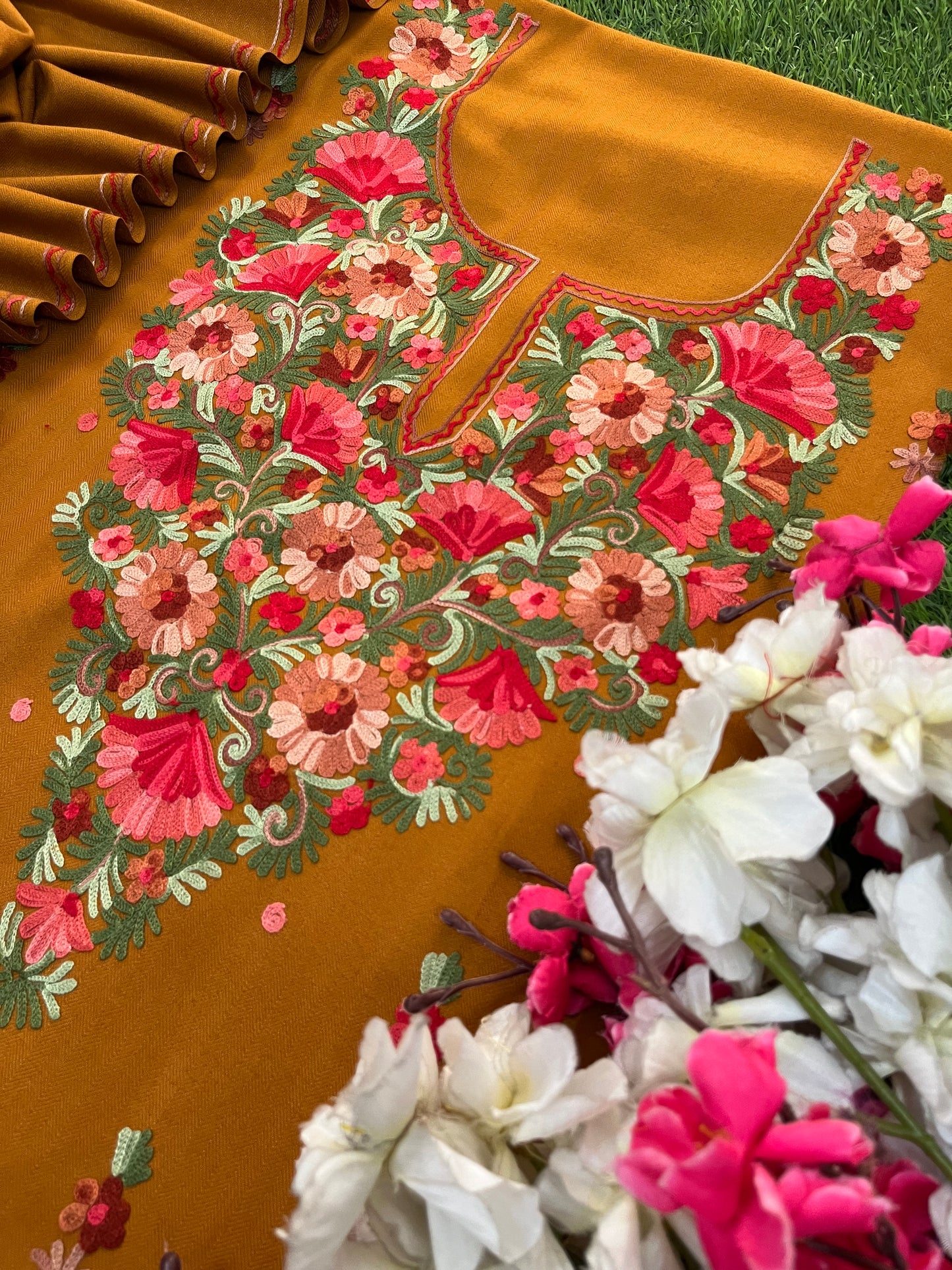 Golden Brown Woollen Aari Embroidered 3pc suit