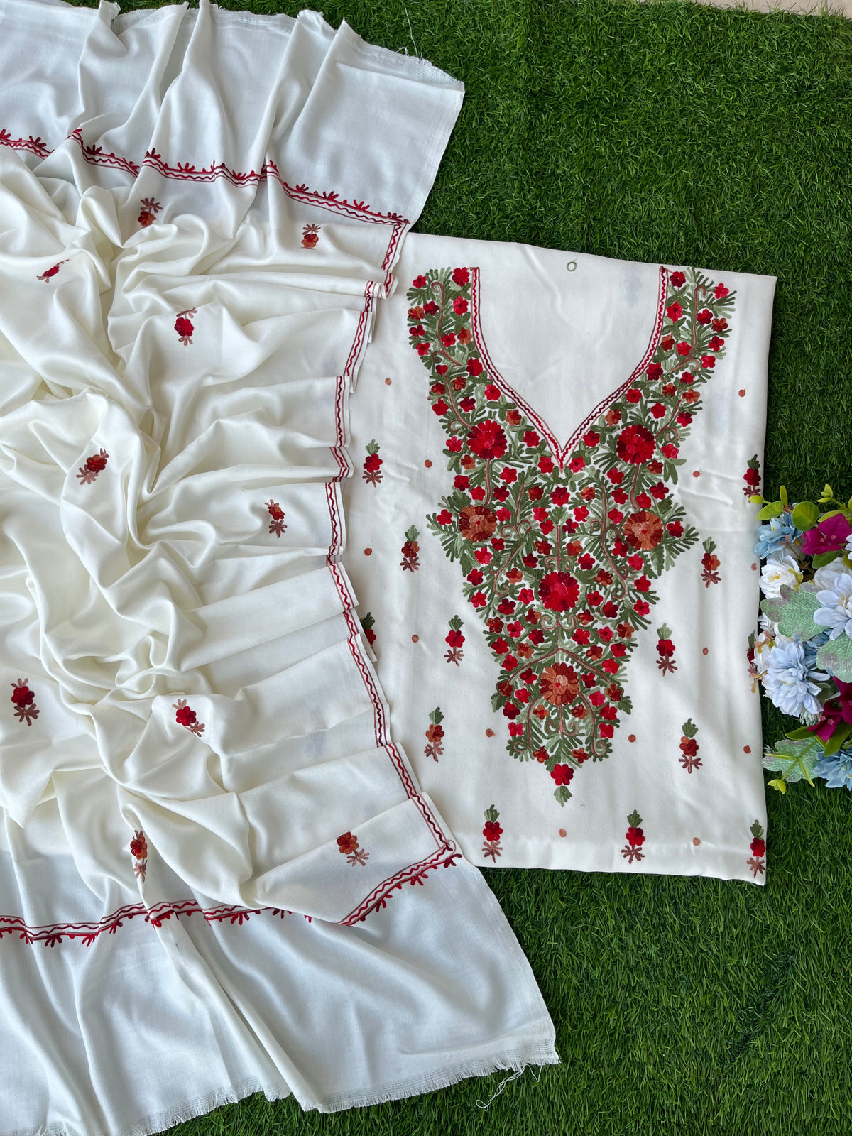 Off White Woollen Aari Embroidered 3pc suit