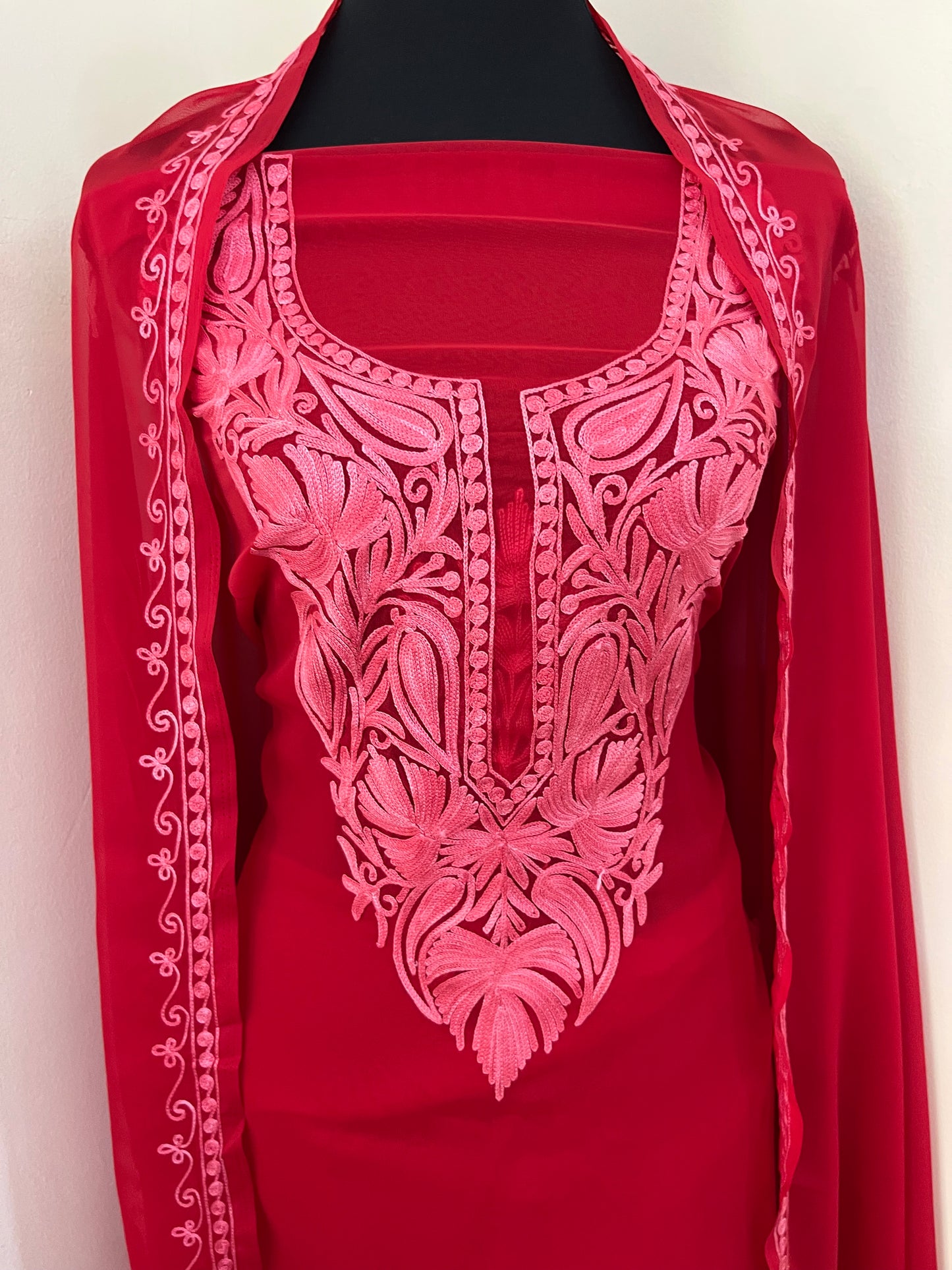 Red Georgette  3 Pc Aari Embroidered Suit Set