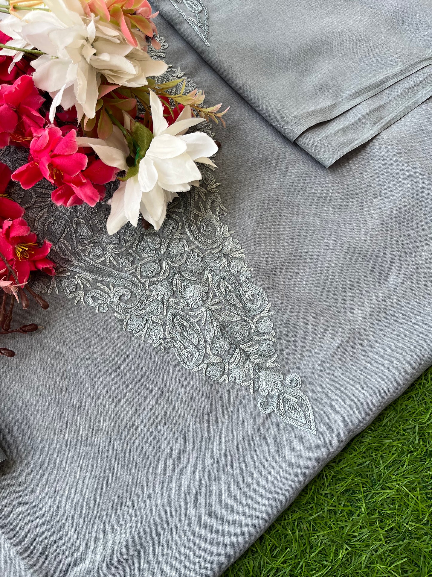 Grey Cotton Two Piece Suit (Hand Embroidered)