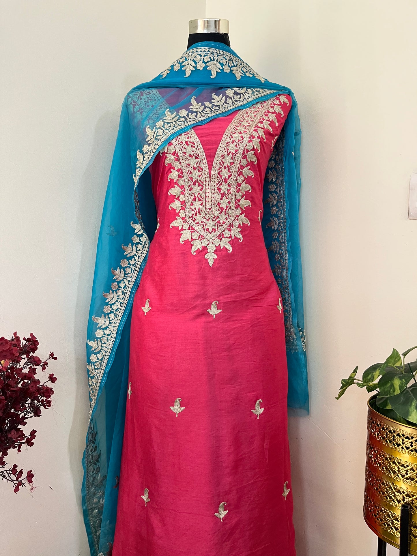 Fuchsia Pink Chanderi Silk Kashmiri Suit