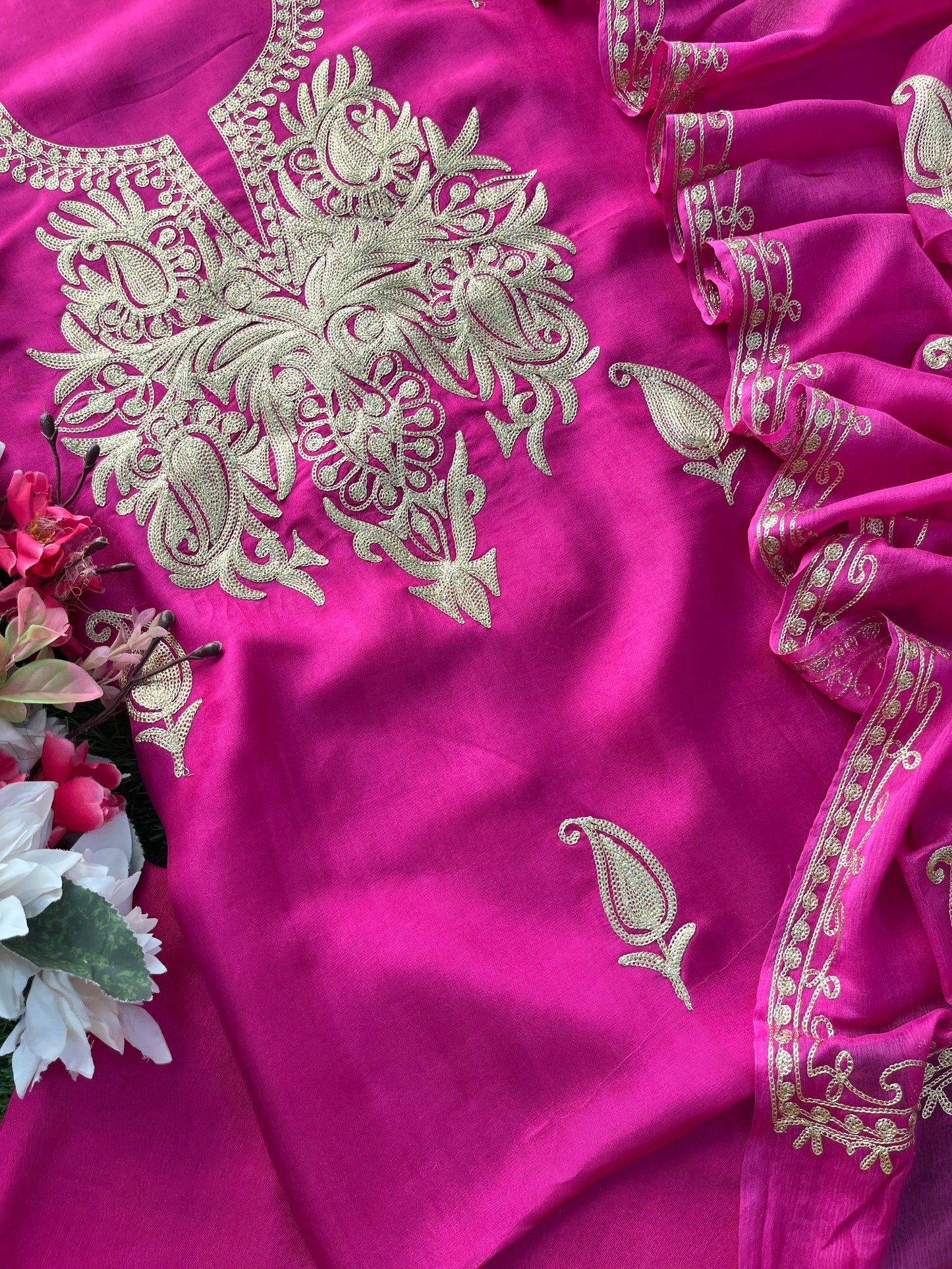 Hot Pink Silk Tilla Kashmiri Suit