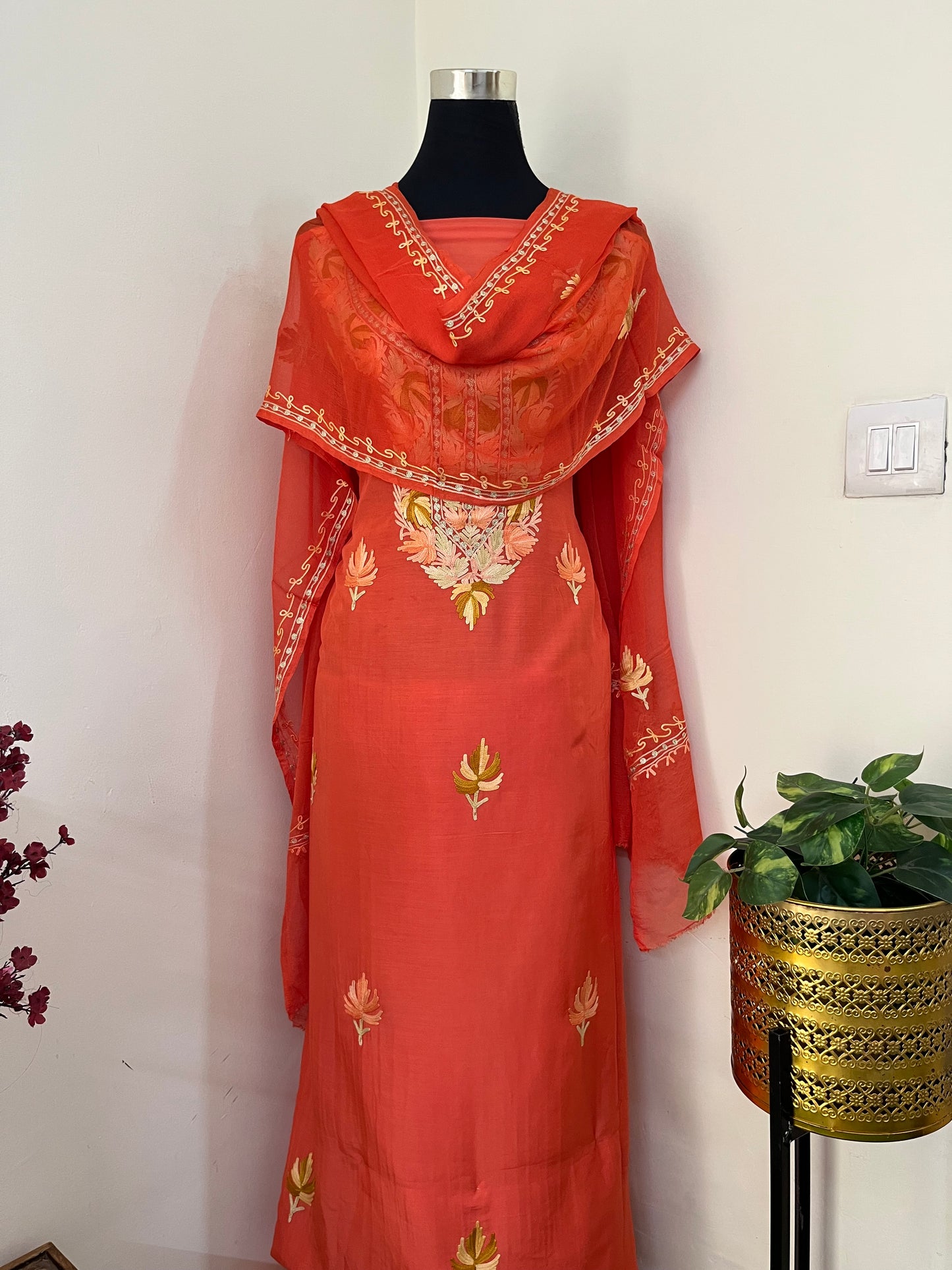 Soft Orange Muslin Cotton Aari Embroidered 3pc set