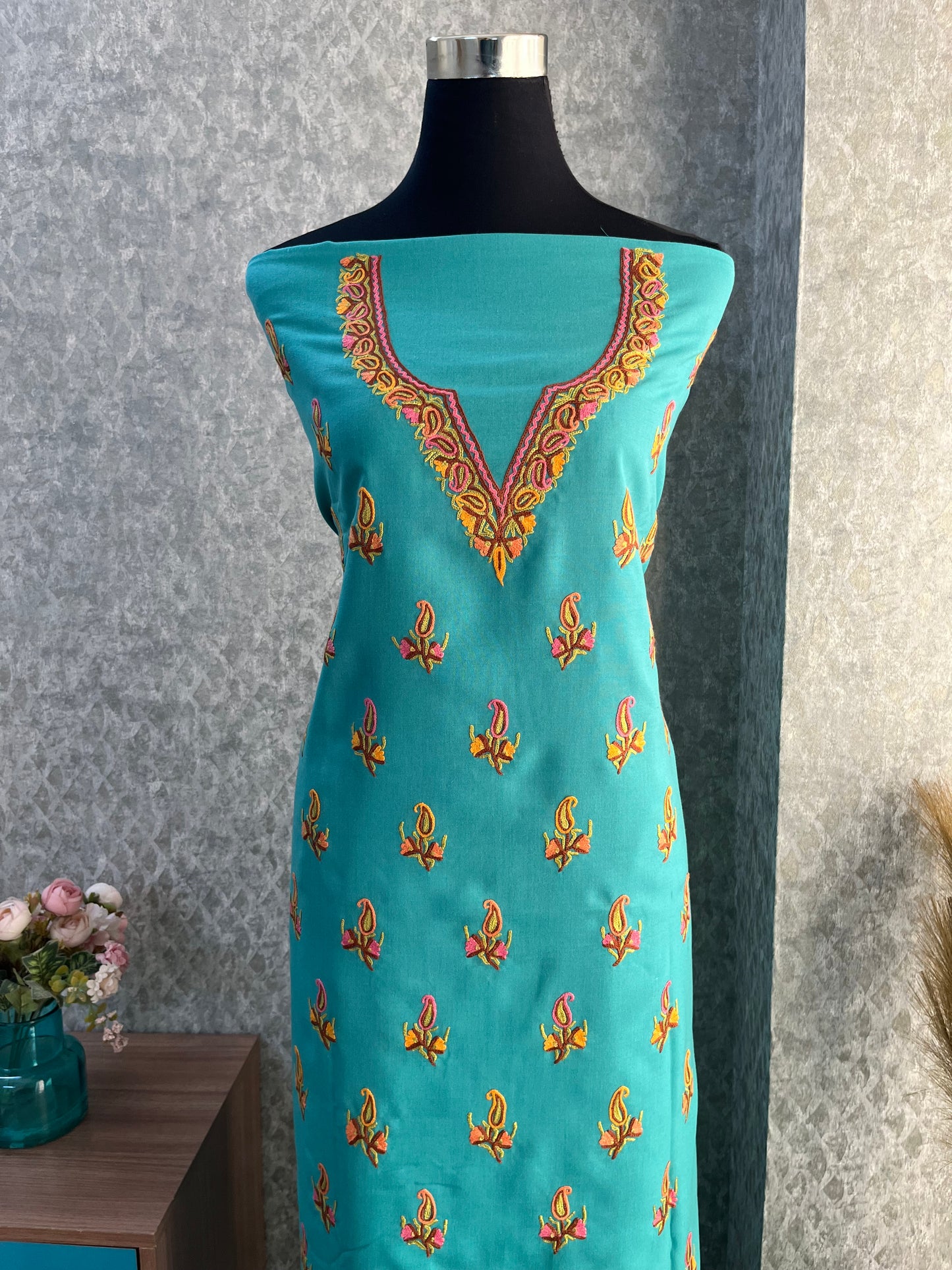 Cotton Green Two Piece Set (Hand Embroidered)