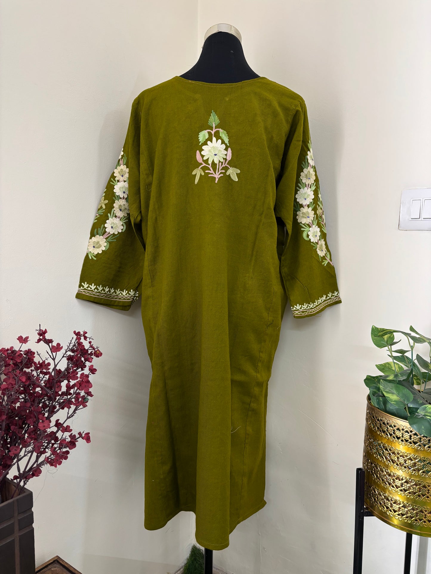 Henna Green Aari Embroidered Wool Pheran