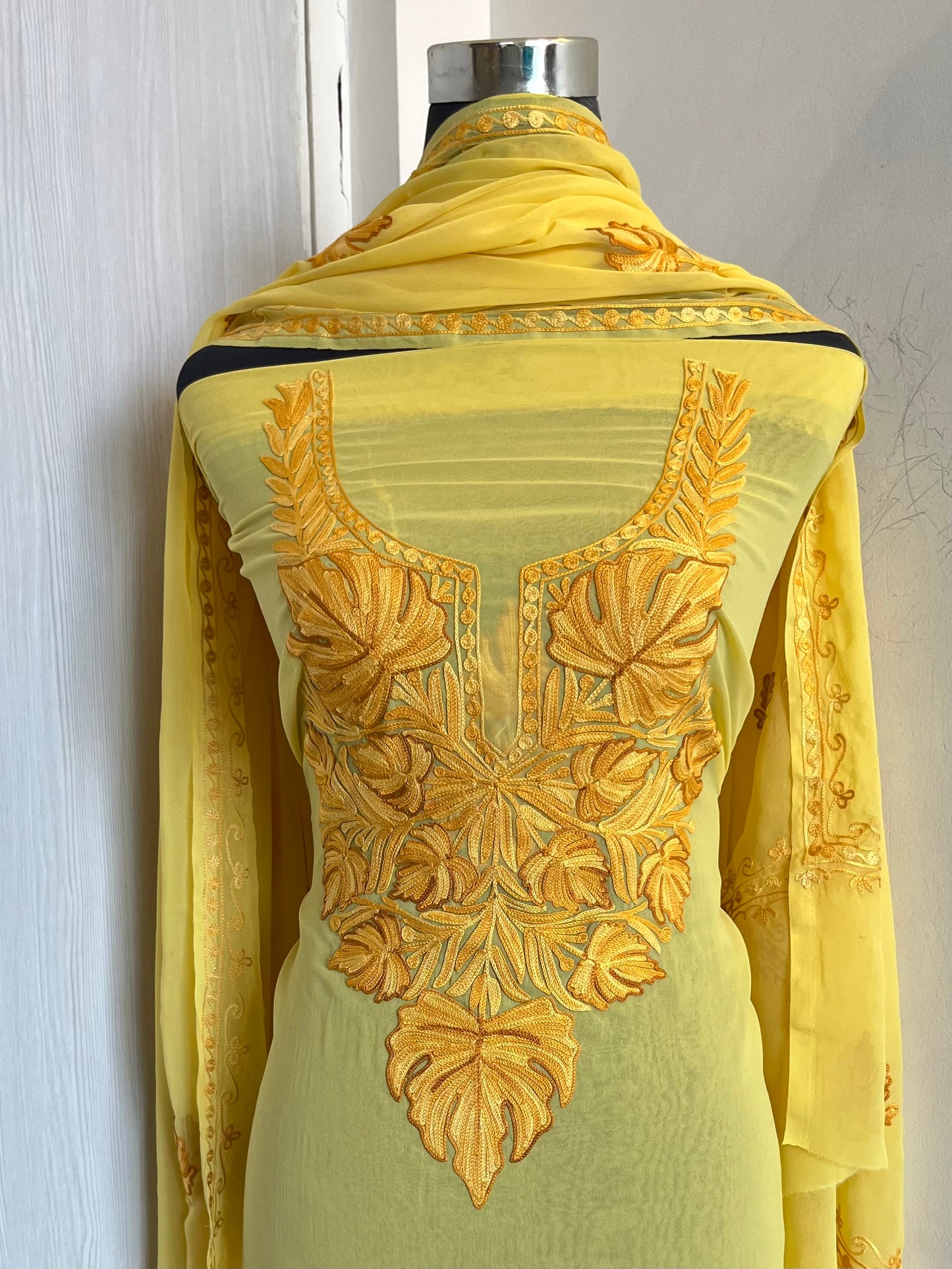 Georgette Yellow 3 Pc Aari Embroidered Suit Set