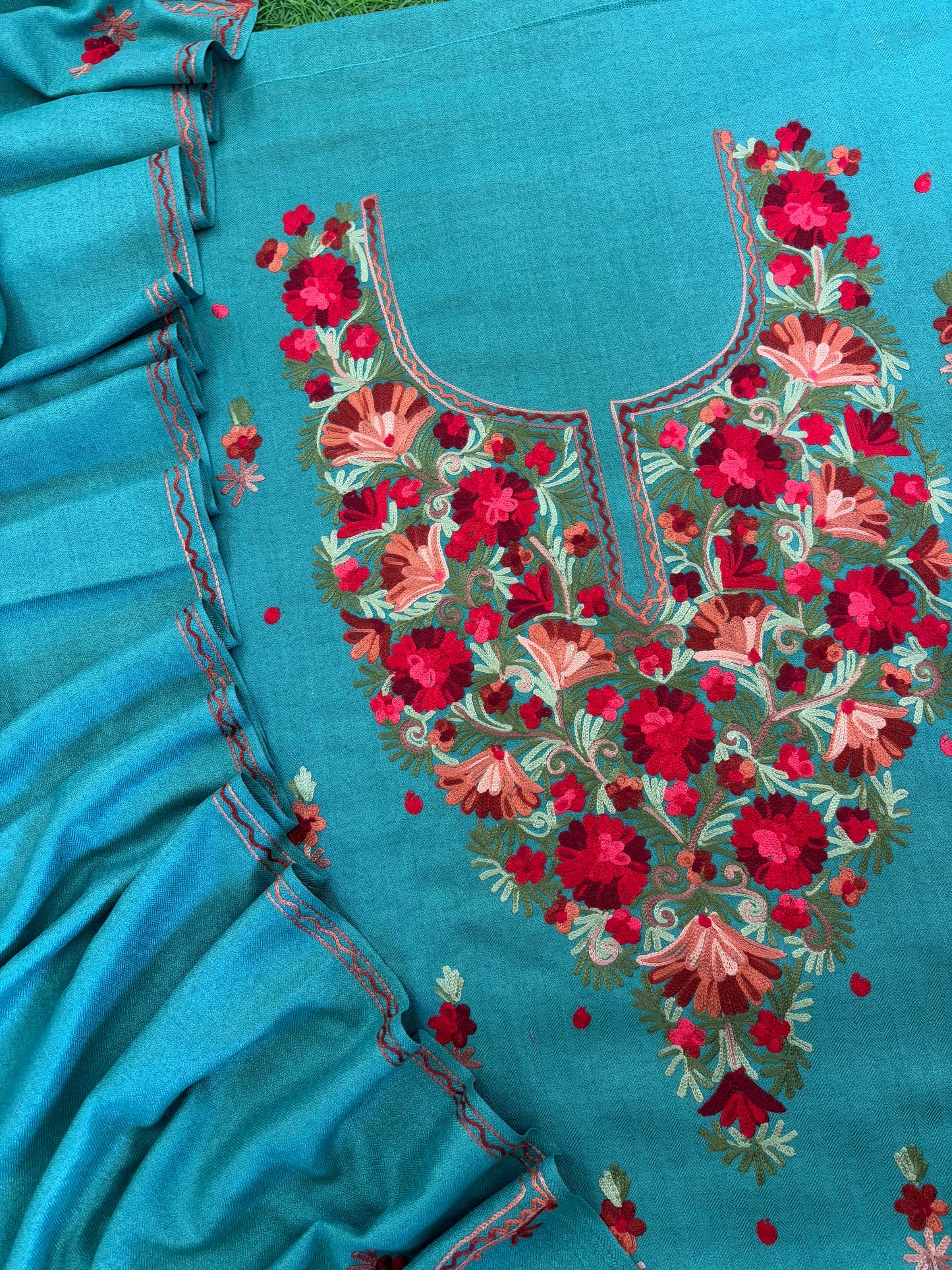 Aqua Blue Woollen Aari Embroidered 3pc suit