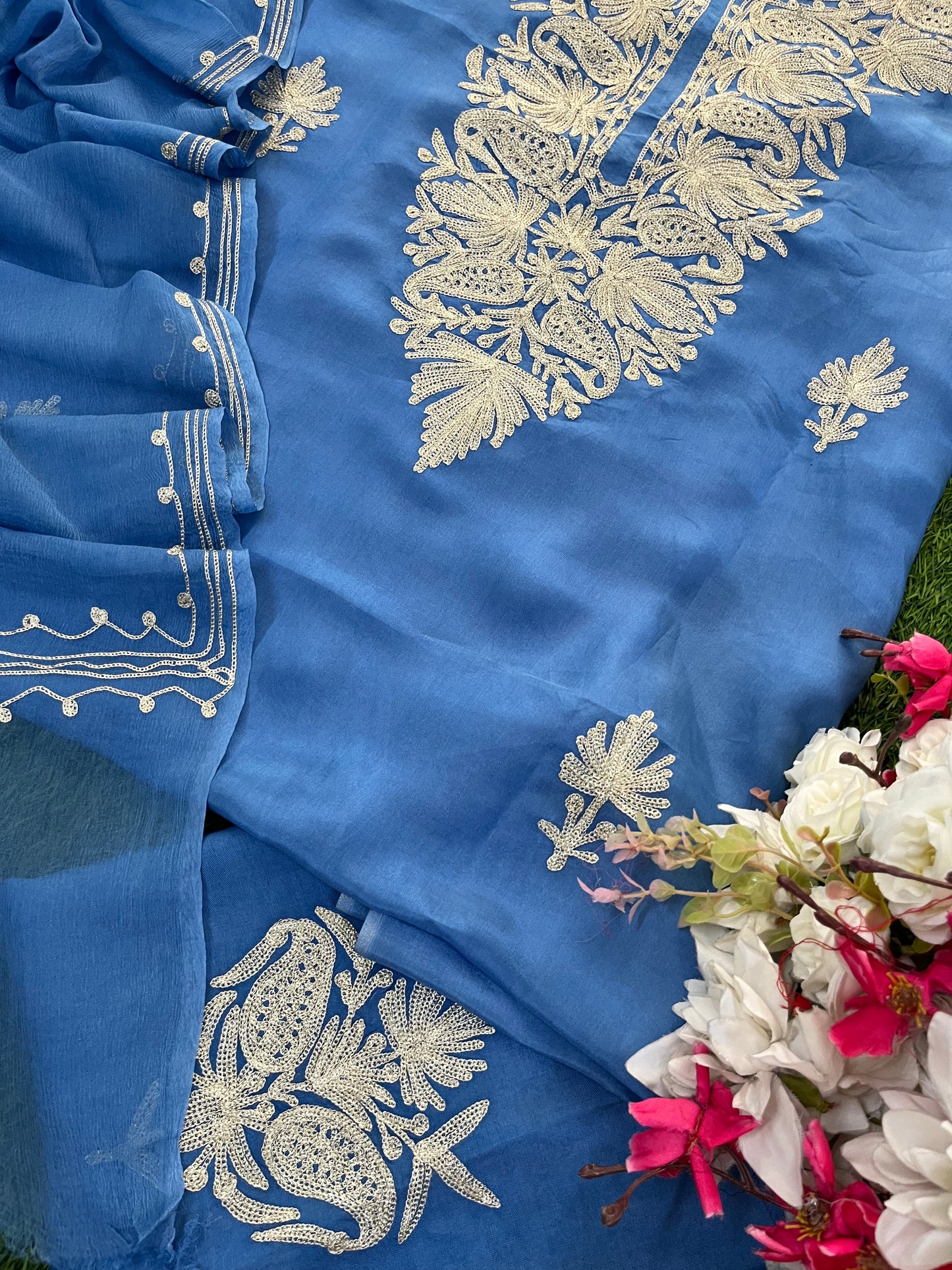 Blue Silk Tilla Kashmiri Suit