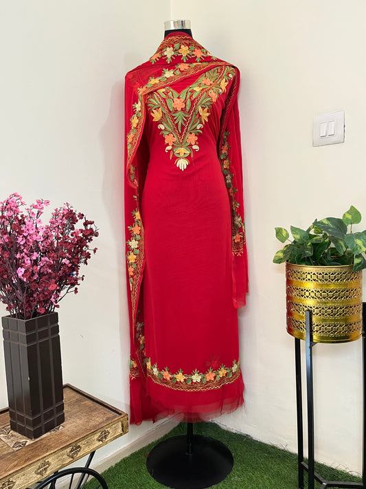 Red Georgette 3 Pc Kashmiri Suit