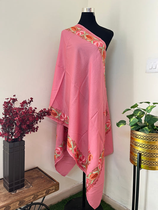 Soft Pink Fine Semi Pashmina Aari Embroidered stole